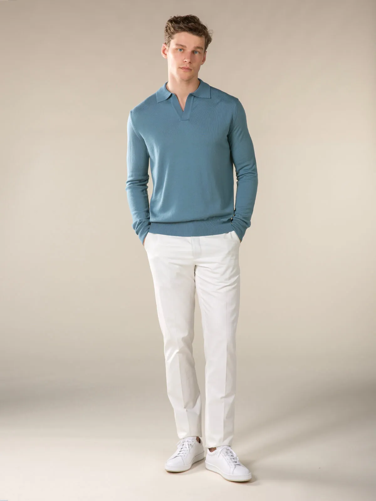 Extrafine Merino Buttonless Polo Sapphire