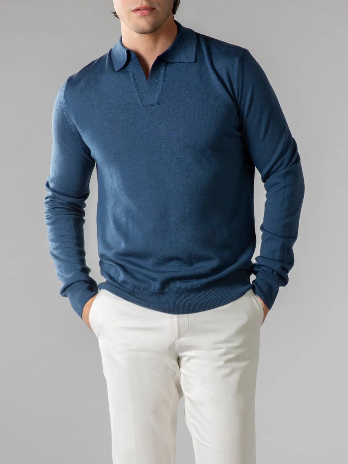 Extrafine Merino Buttonless Polo Steel Blue