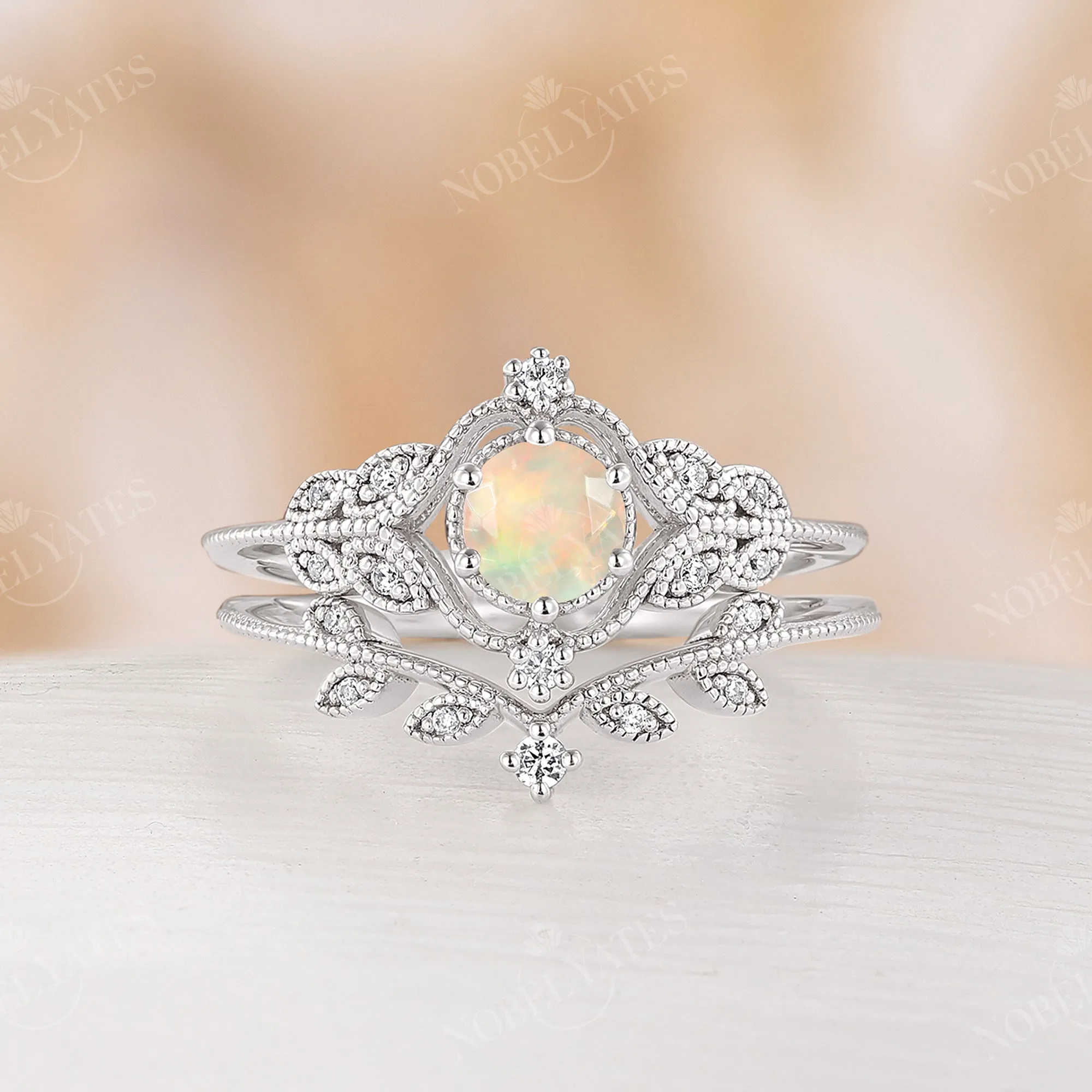 Faced Ethiopian Opal Nature Milgrain Vintage Engagement Ring Set