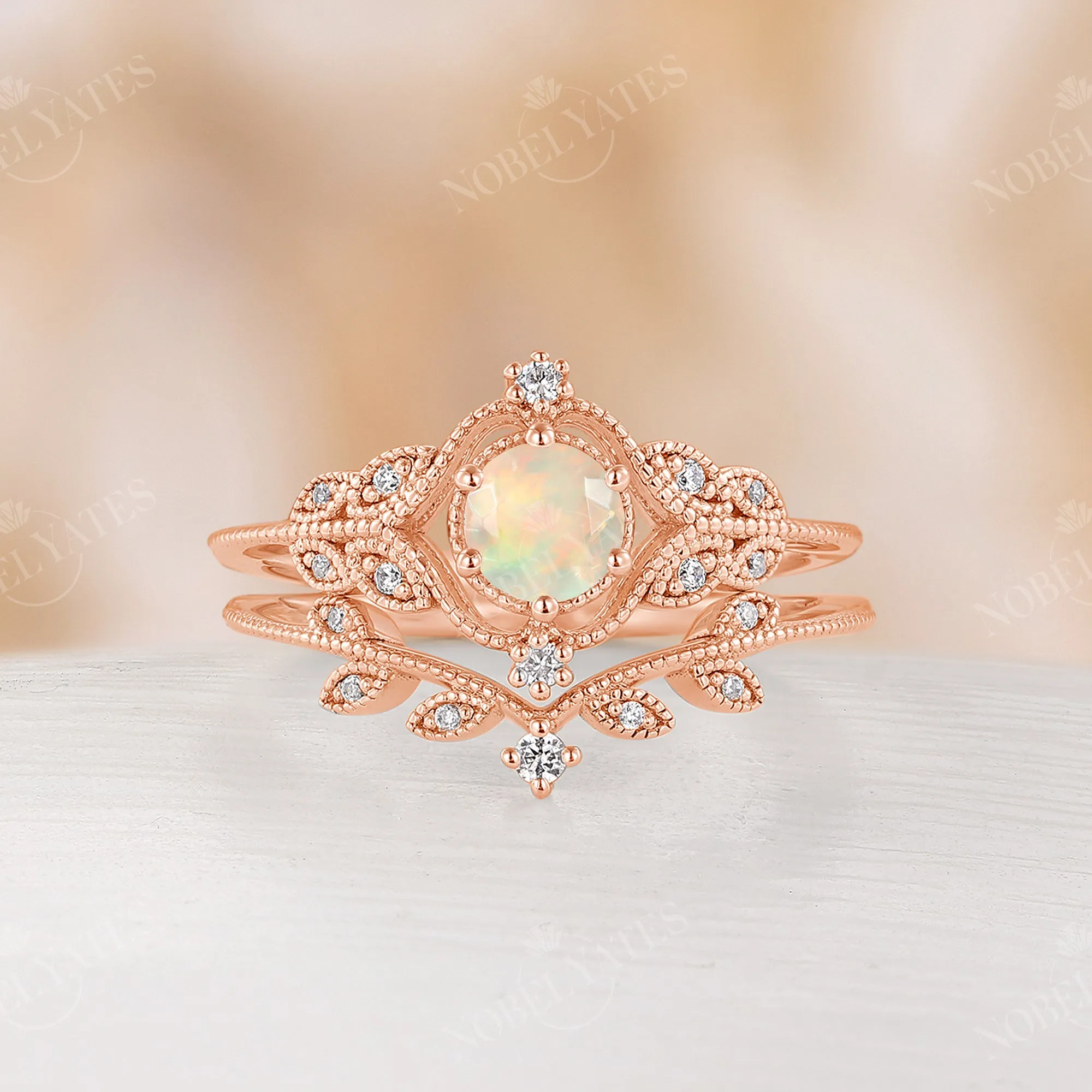 Faced Ethiopian Opal Nature Milgrain Vintage Engagement Ring Set