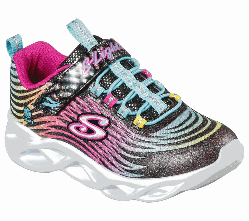 Girls Skechers Trainers Black Multi Strap Light Up Twisty Brights 302321L BKMT sale