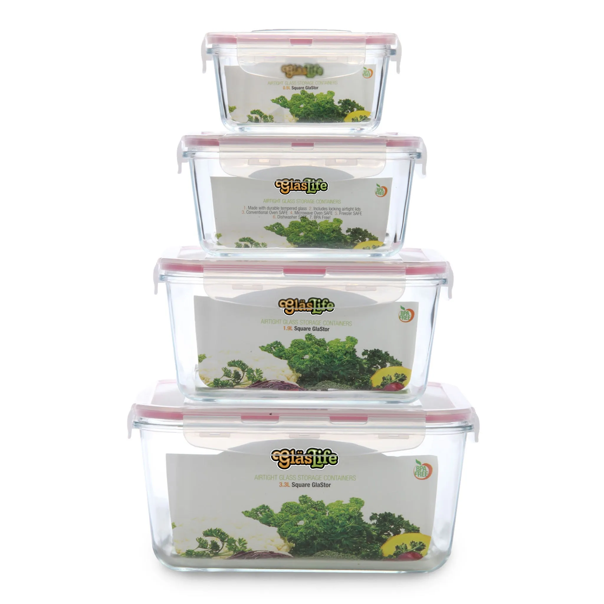 GlasLife Airtight Square Glass Containers (Set of 4)