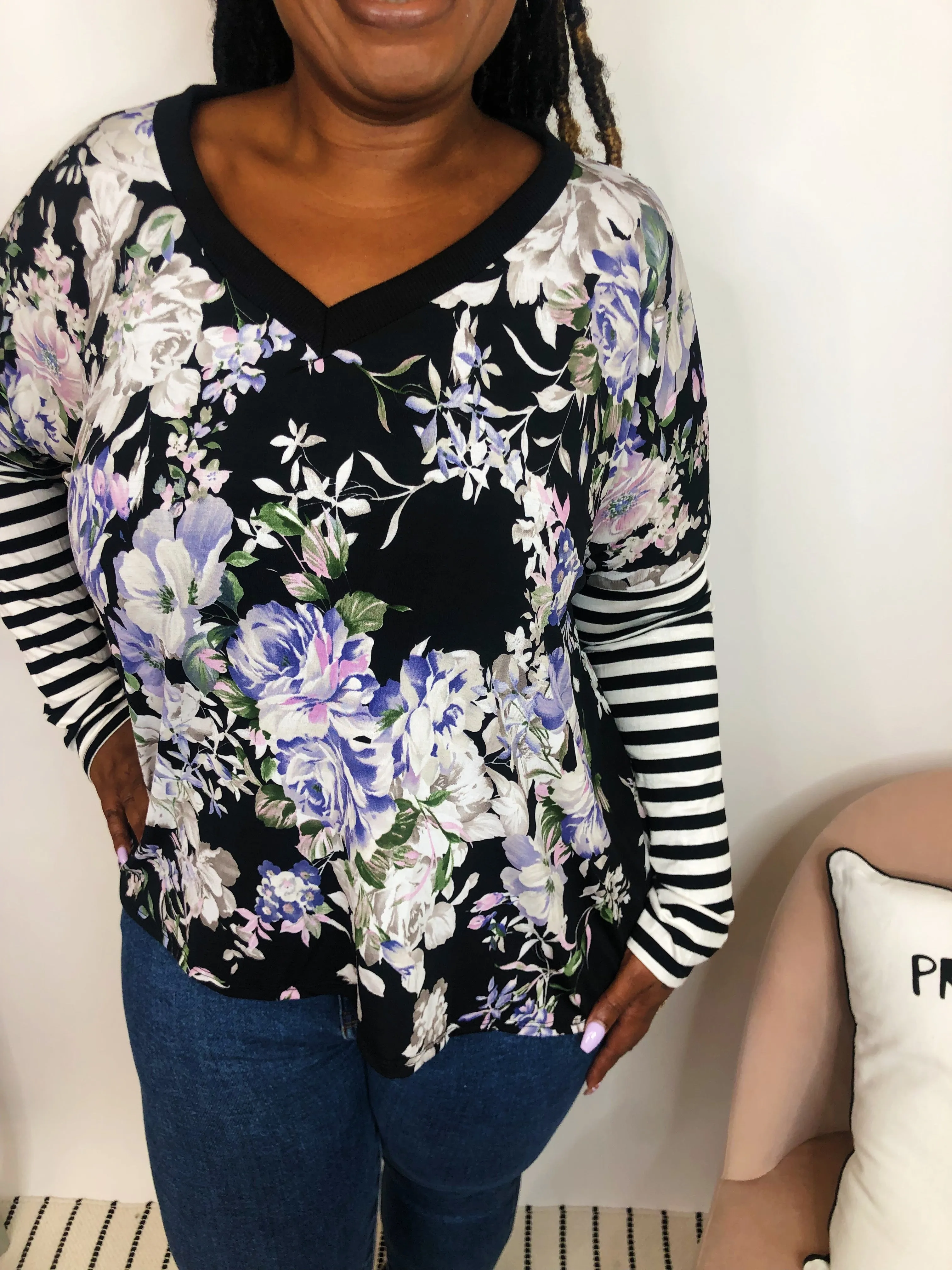 #K925 Illuminating Floral Stripes Dolman Top