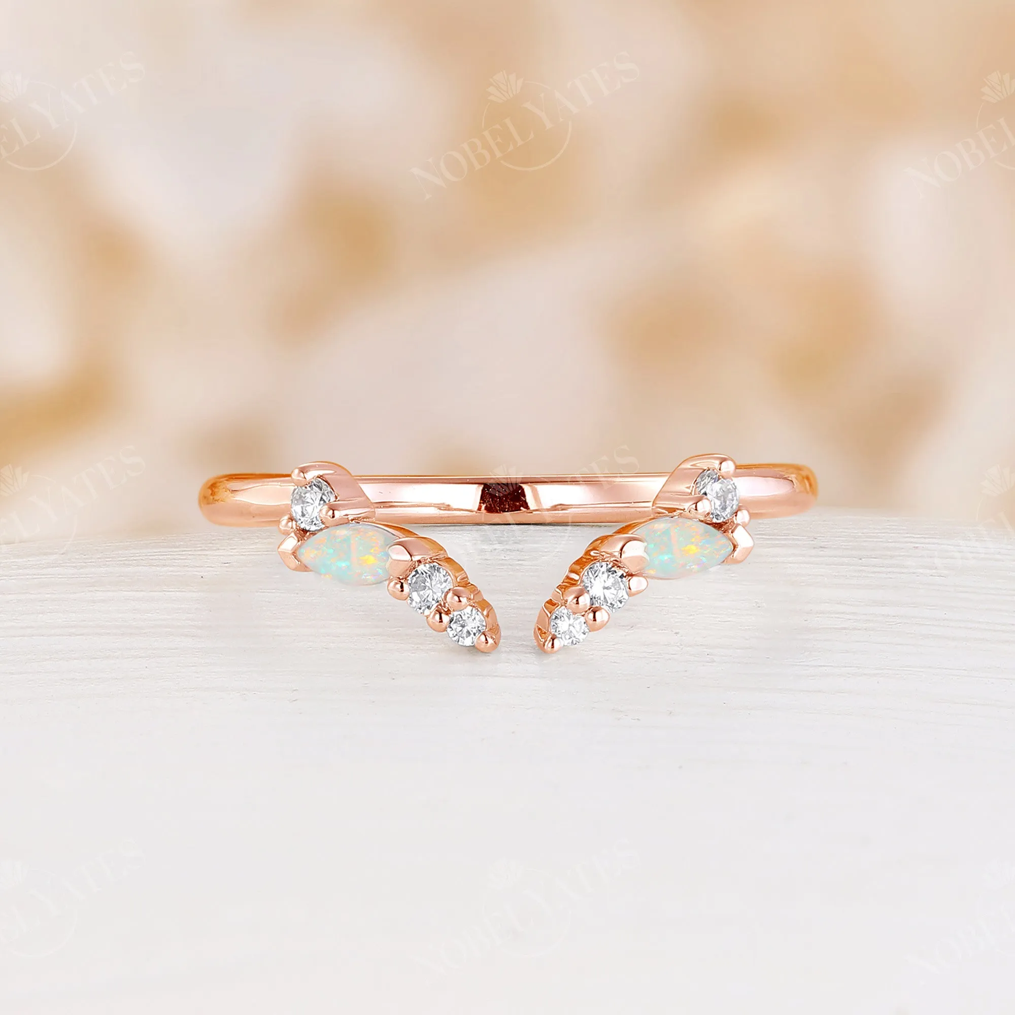 Natural White Opal 3PC Bridal Set Yellow Gold Moon Ring