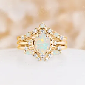 Natural White Opal 3PC Bridal Set Yellow Gold Moon Ring