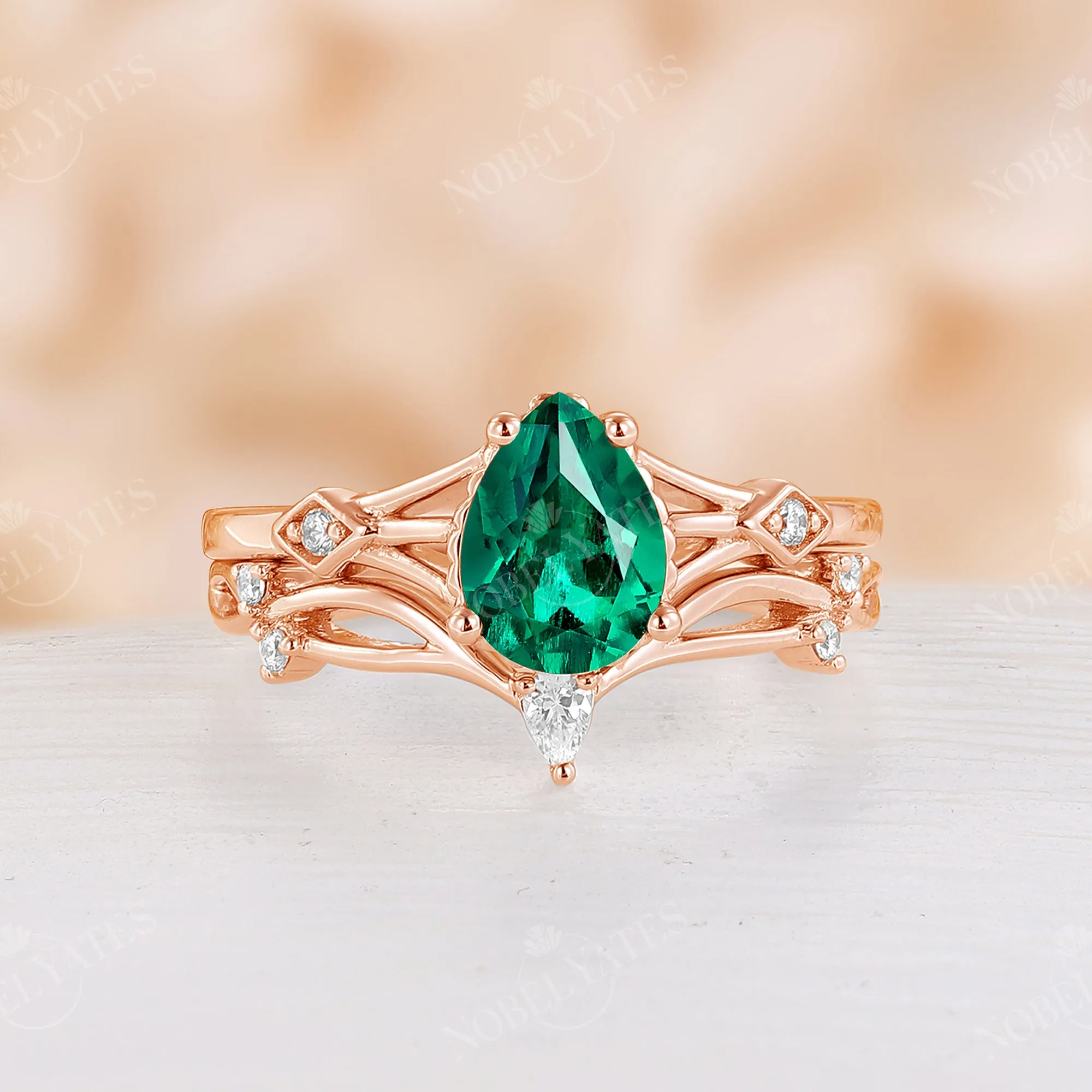 Pear Lab Emerald Vintage Engagement Ring Set Split Band Rose Gold