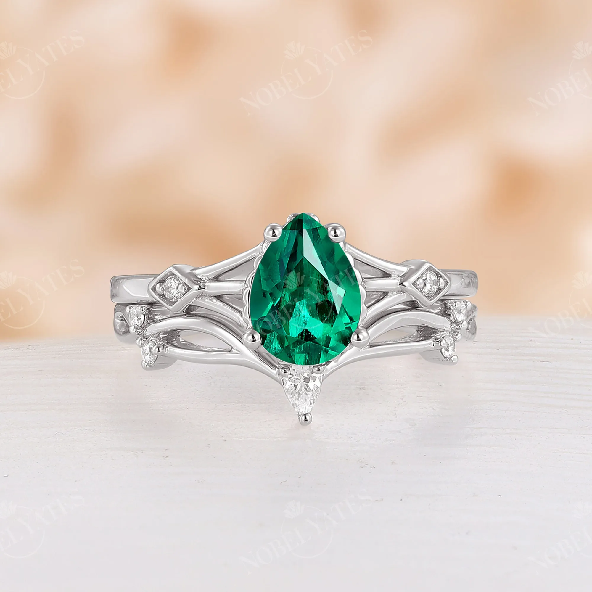 Pear Lab Emerald Vintage Engagement Ring Set Split Band Rose Gold