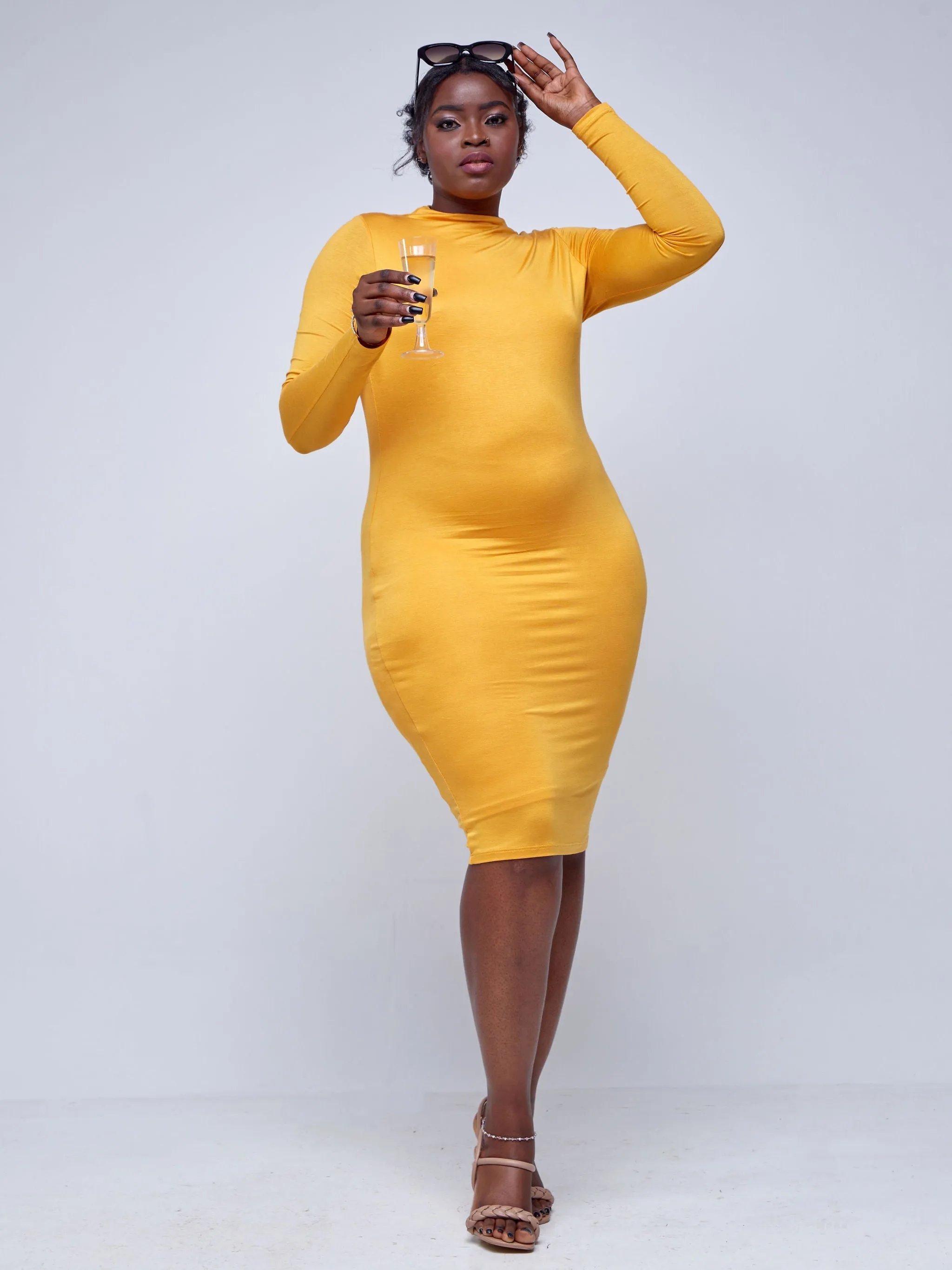 Popular 21 Long Sleeve Crew Neck Dress - Mustard