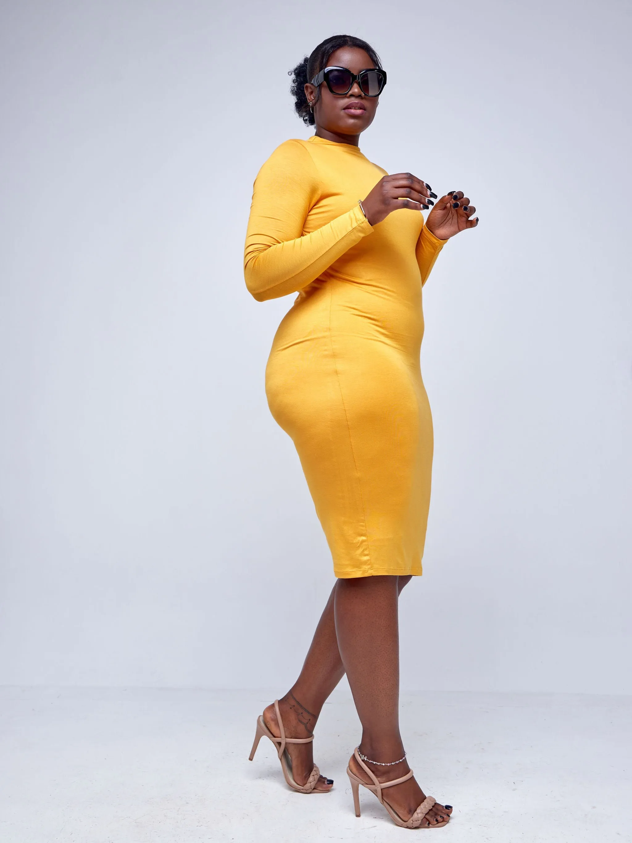 Popular 21 Long Sleeve Crew Neck Dress - Mustard