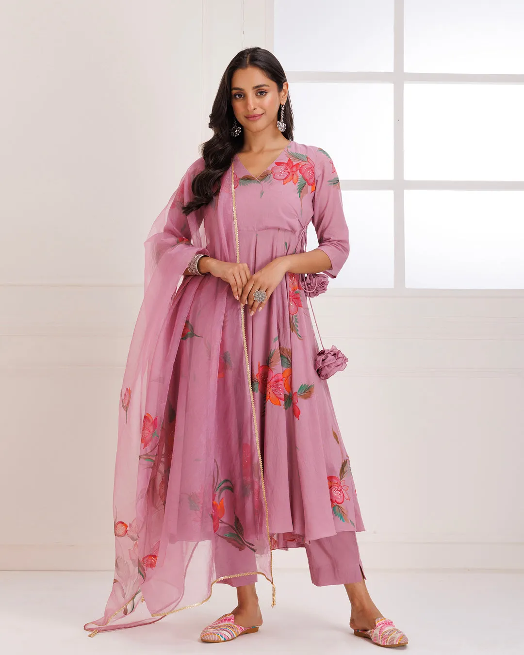 Rangreza Rose Pink HandPainted Anarkali Suit Set - Set of 3