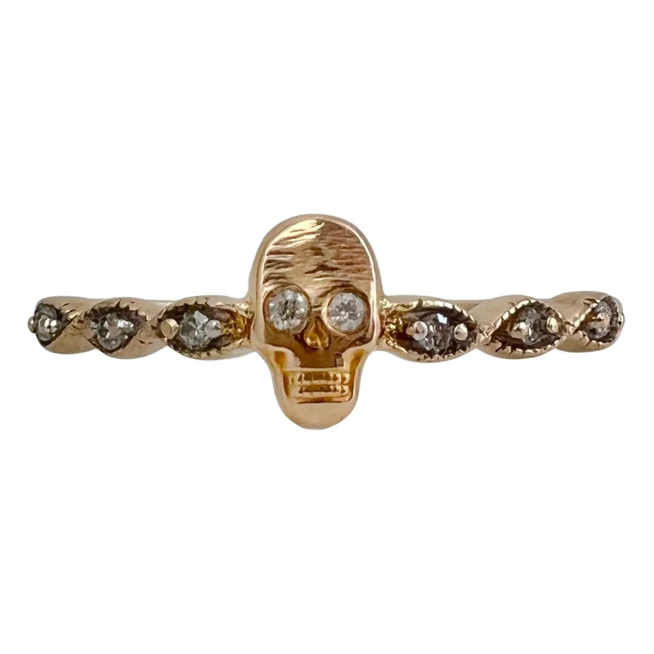 reimagined V I N T A G E // helix eye spooky / solid 10k yellow gold and diamond fraternal skull pin conversion ring / size 9