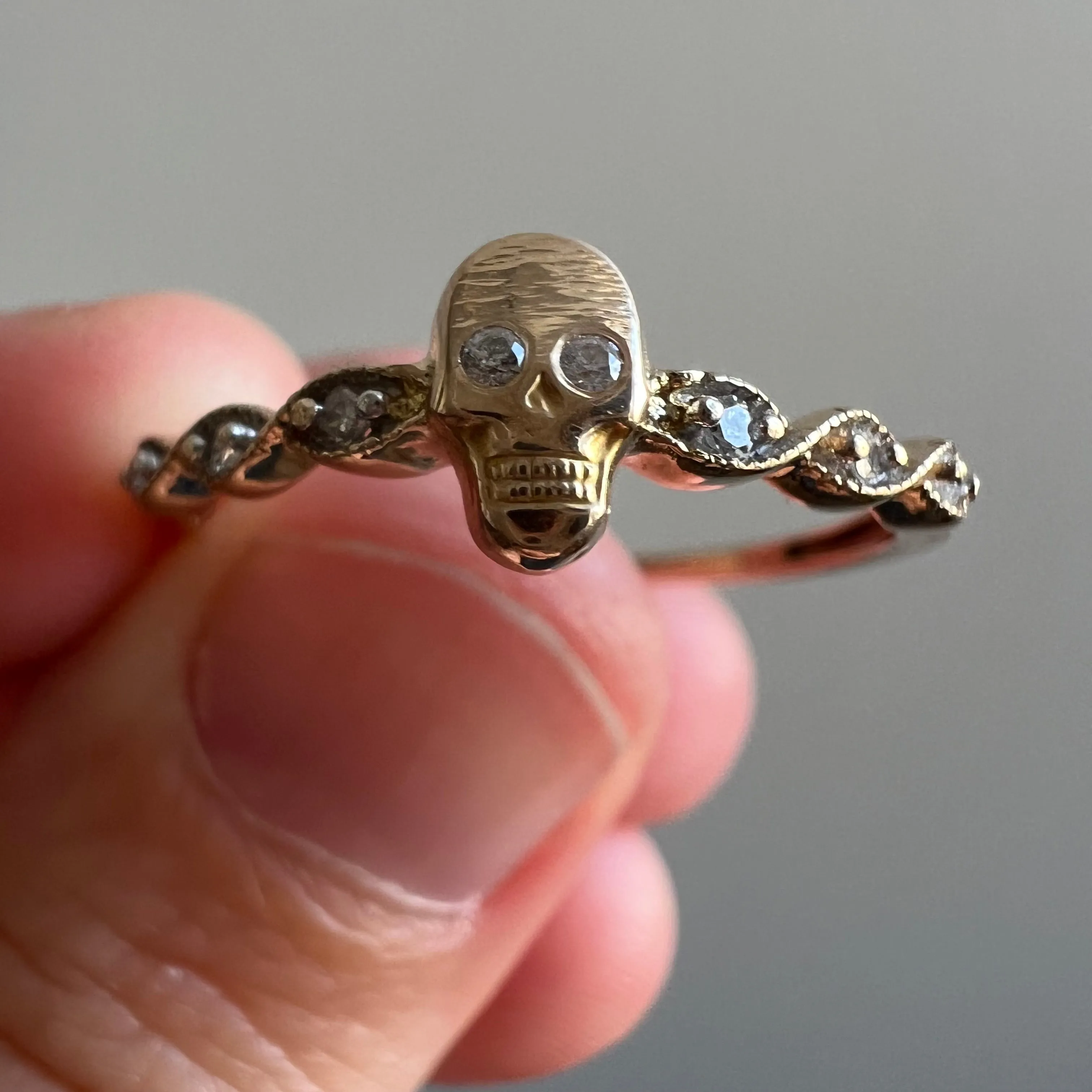 reimagined V I N T A G E // helix eye spooky / solid 10k yellow gold and diamond fraternal skull pin conversion ring / size 9