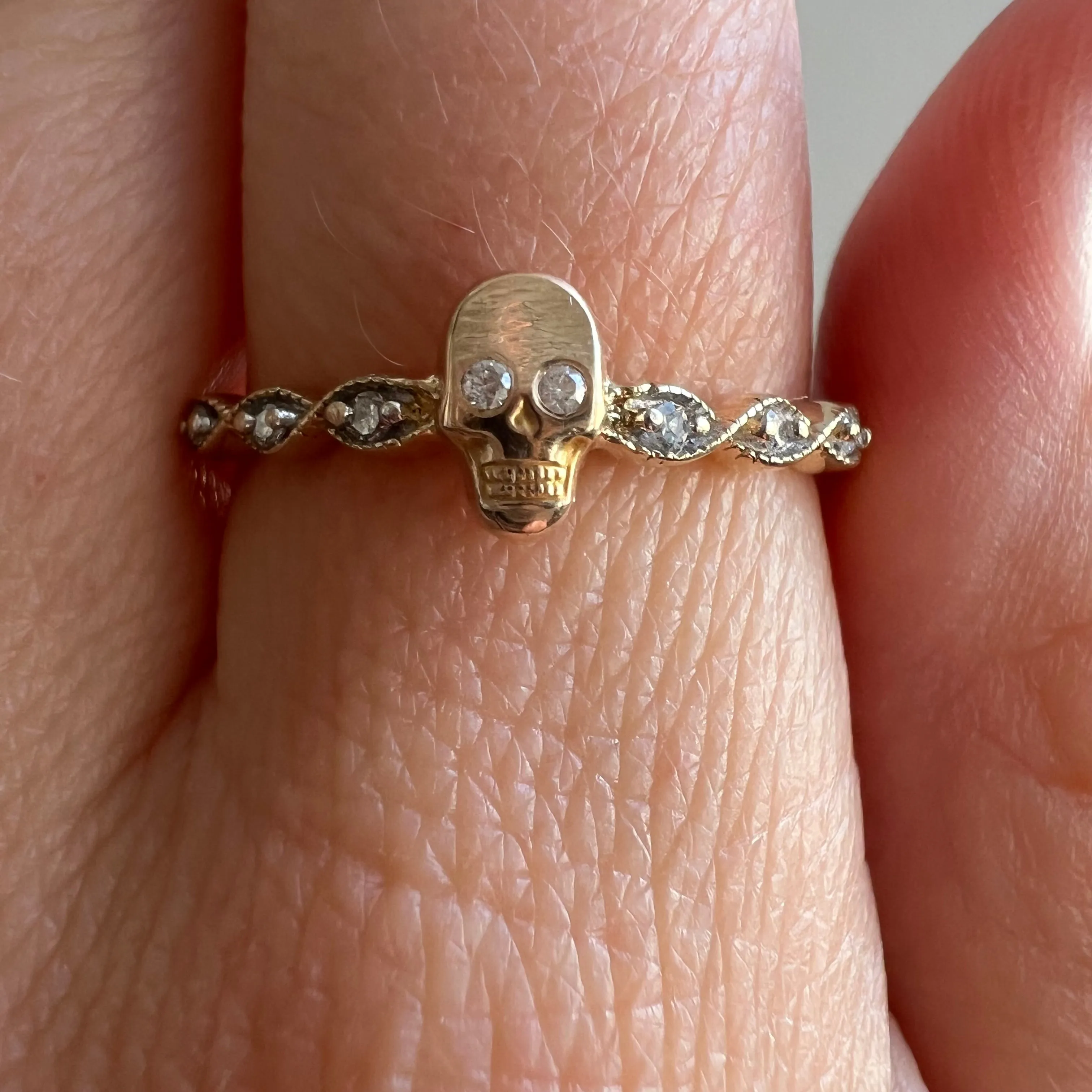 reimagined V I N T A G E // helix eye spooky / solid 10k yellow gold and diamond fraternal skull pin conversion ring / size 9