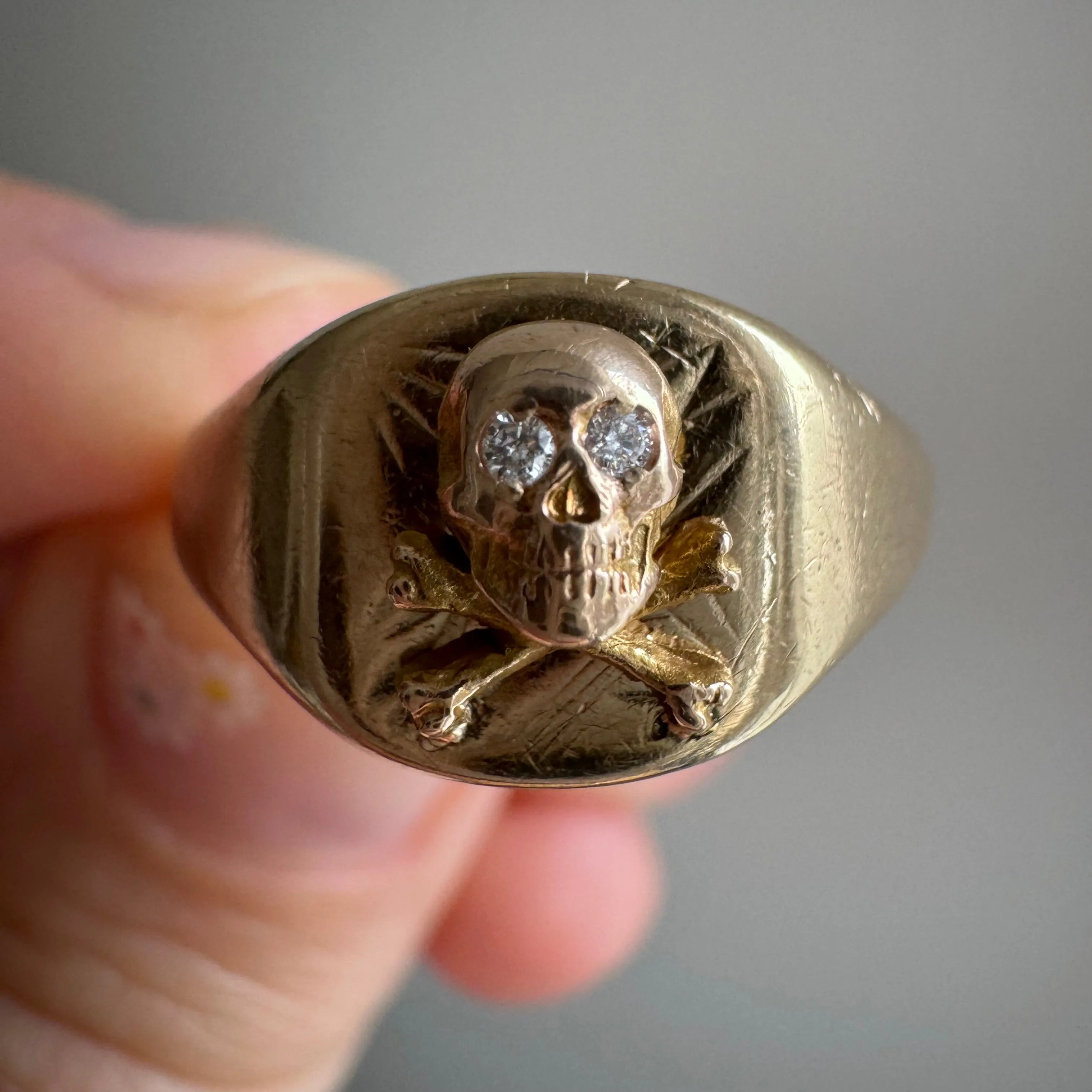 reimagined V I N T A G E // memento mori collage / 9k and 10k yellow gold signet skull ring / size 6.5