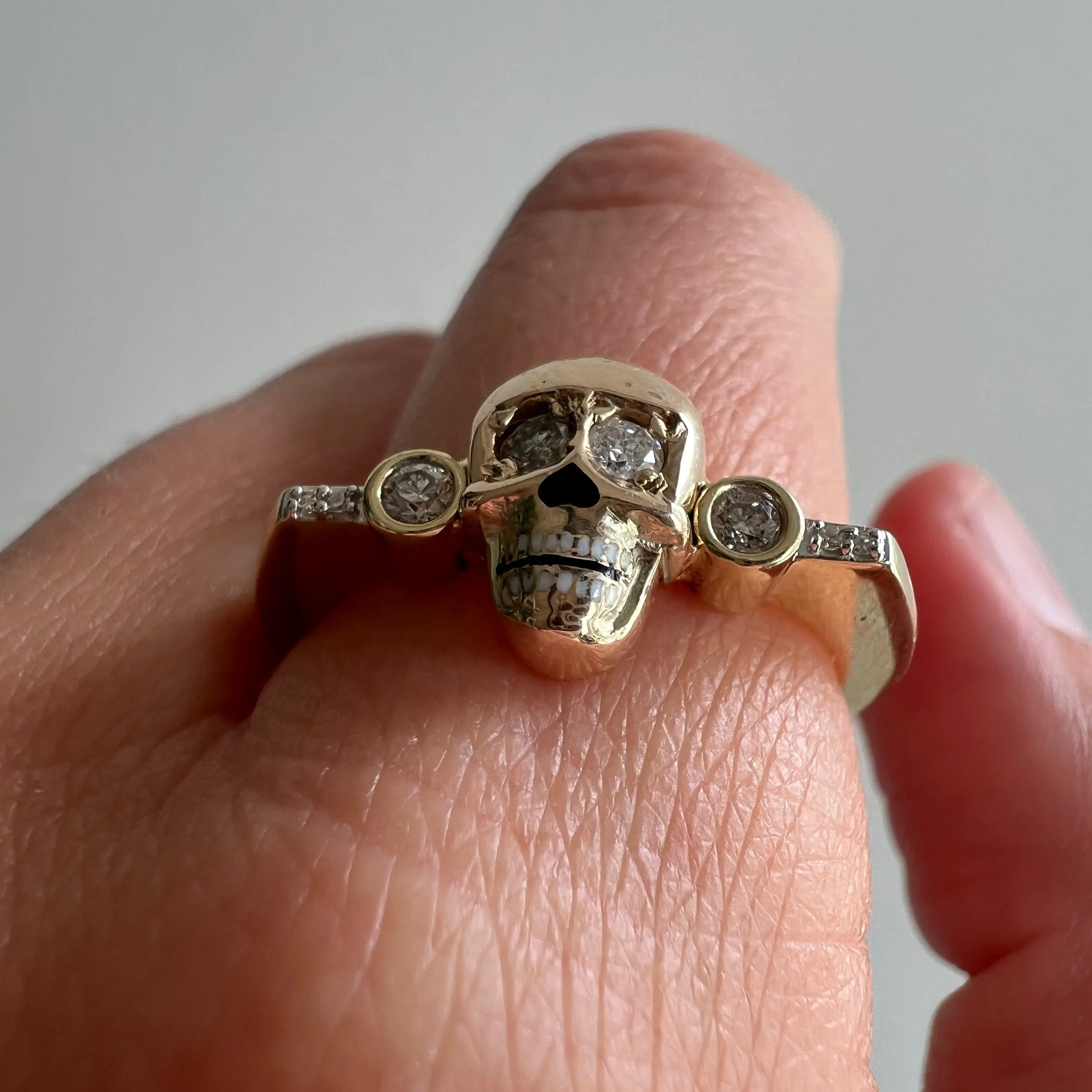 reimagined V I N T A G E // memento mori grin / solid 10k and diamond fraternal skull pin conversion ring / size 7.75