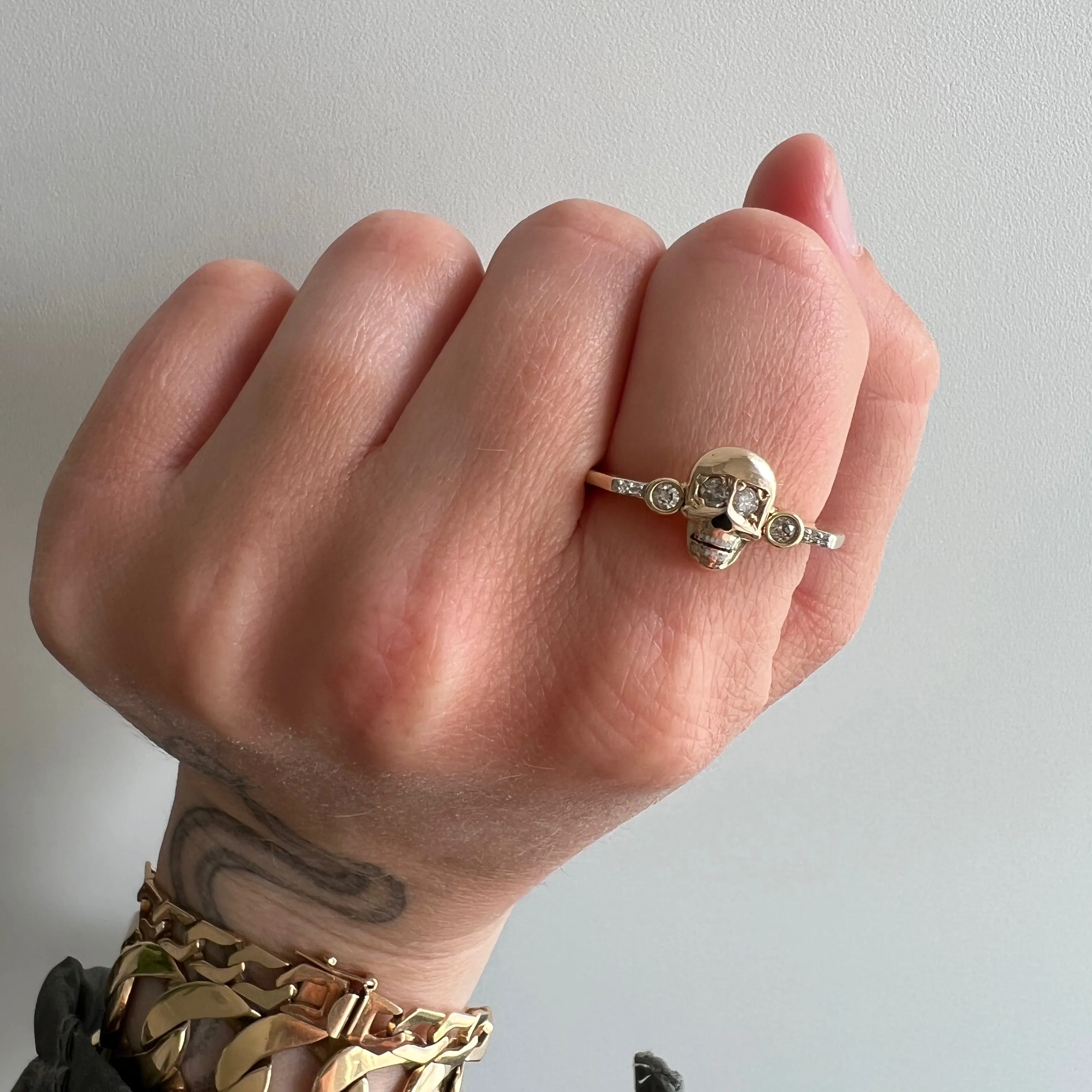 reimagined V I N T A G E // memento mori grin / solid 10k and diamond fraternal skull pin conversion ring / size 7.75