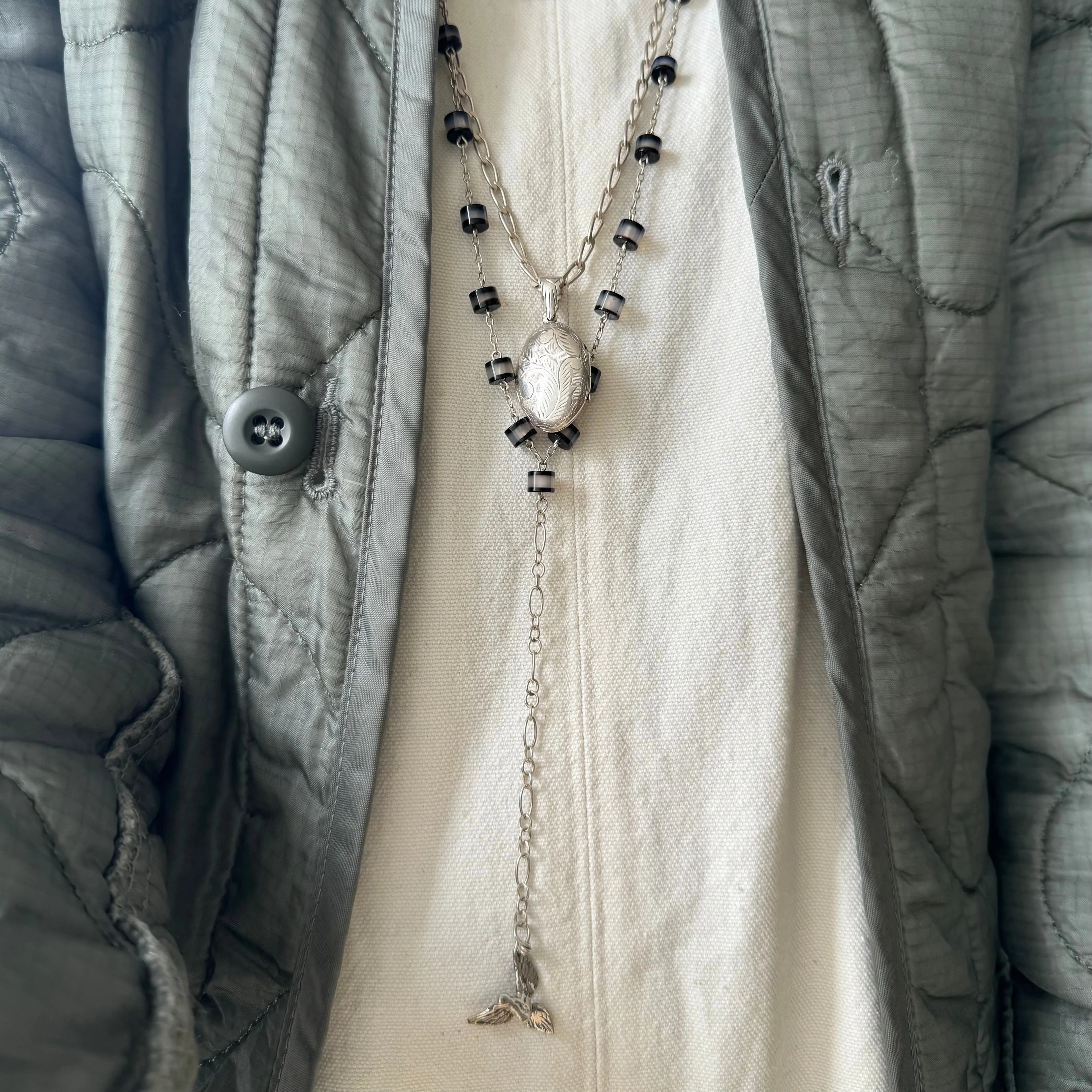 reimagined V I N T A G E // peace prayers / sterling silver and glass rosary style long chain / a necklace