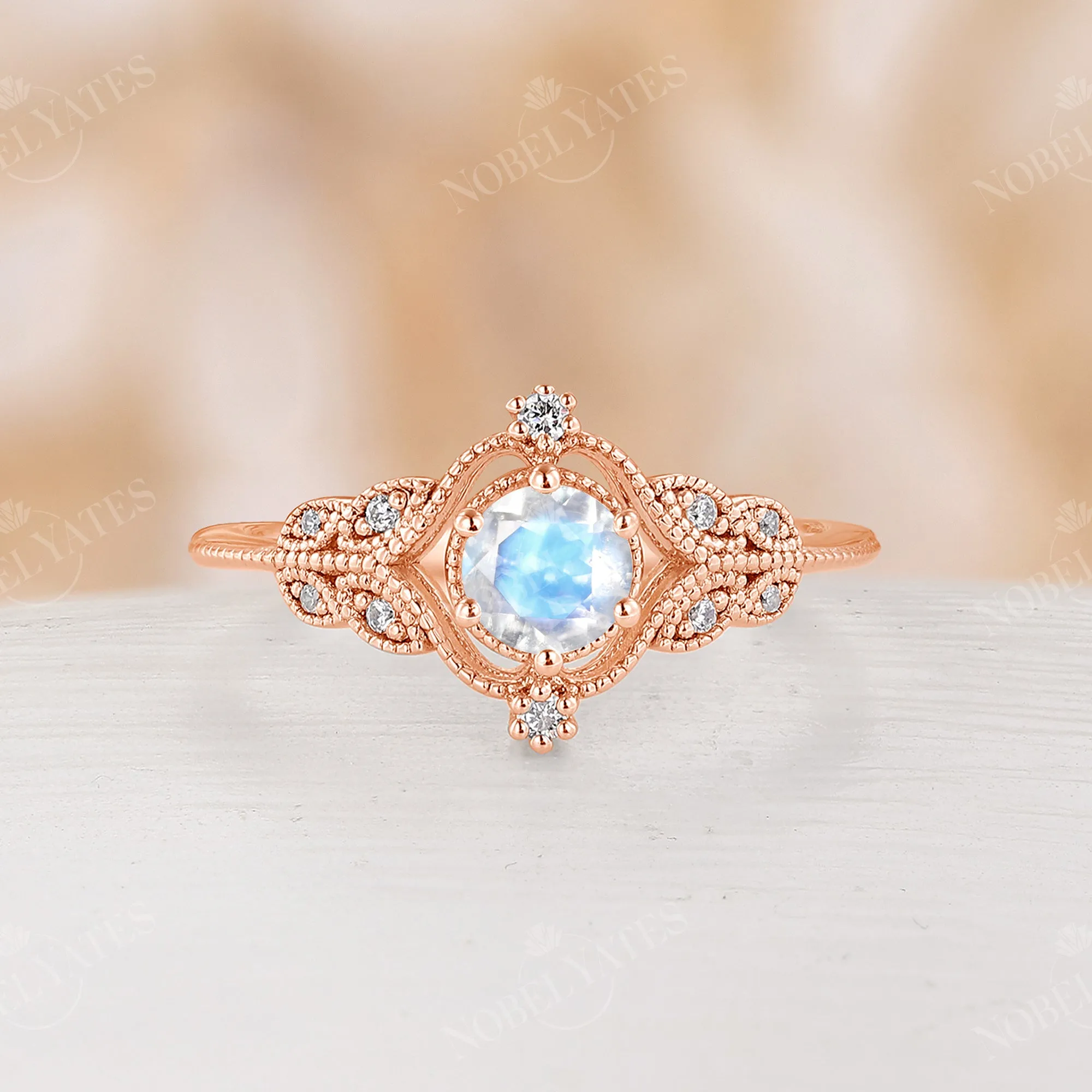 Round Moonstone Nature Milgrain Vintage Bridal Set Rose Gold