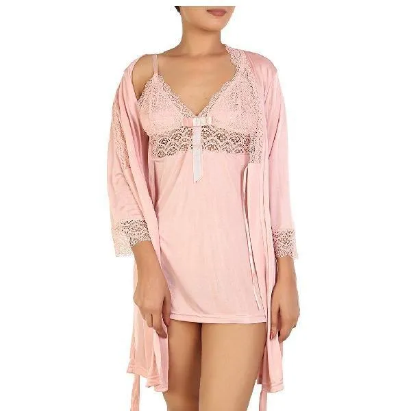 Short Length Three Piece Nighty Set Peach