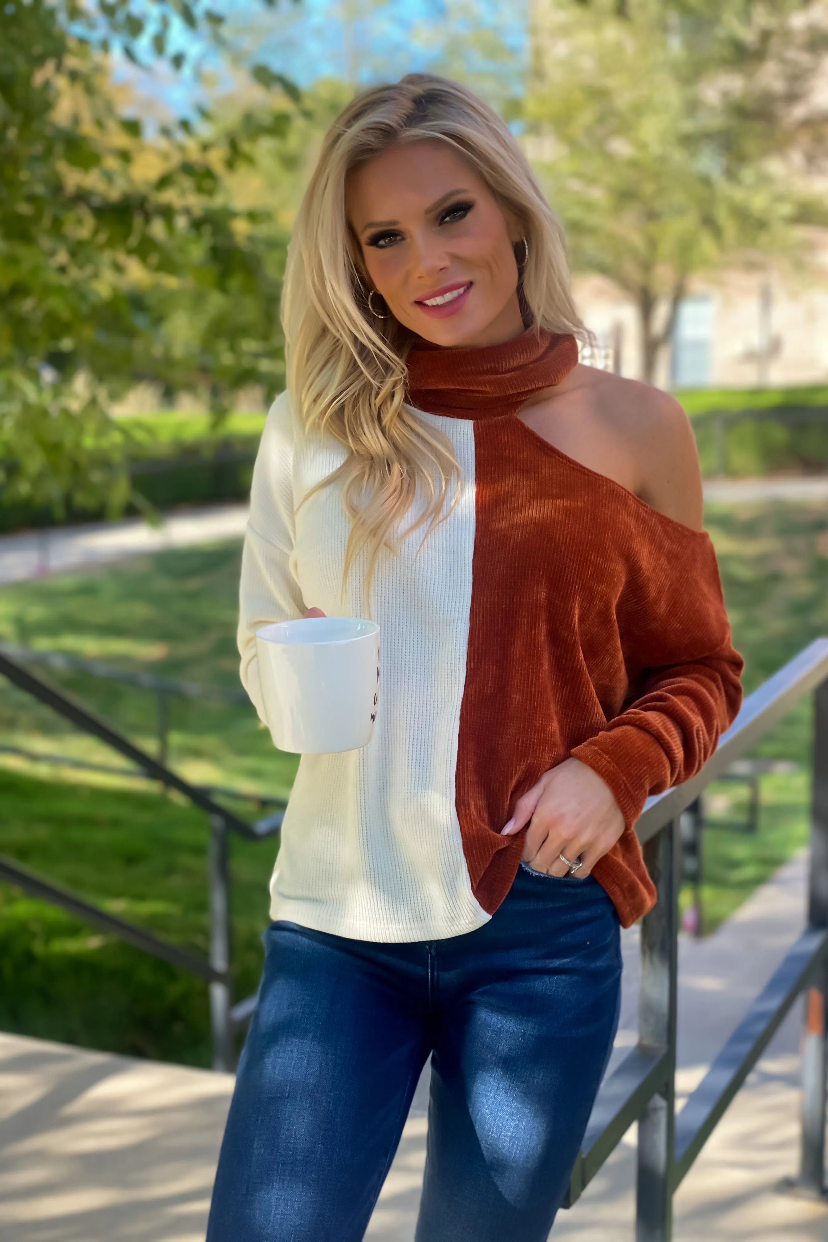 Subtle Glamour Chenille Color Block One Cold Shoulder Top : Rust/Ivory