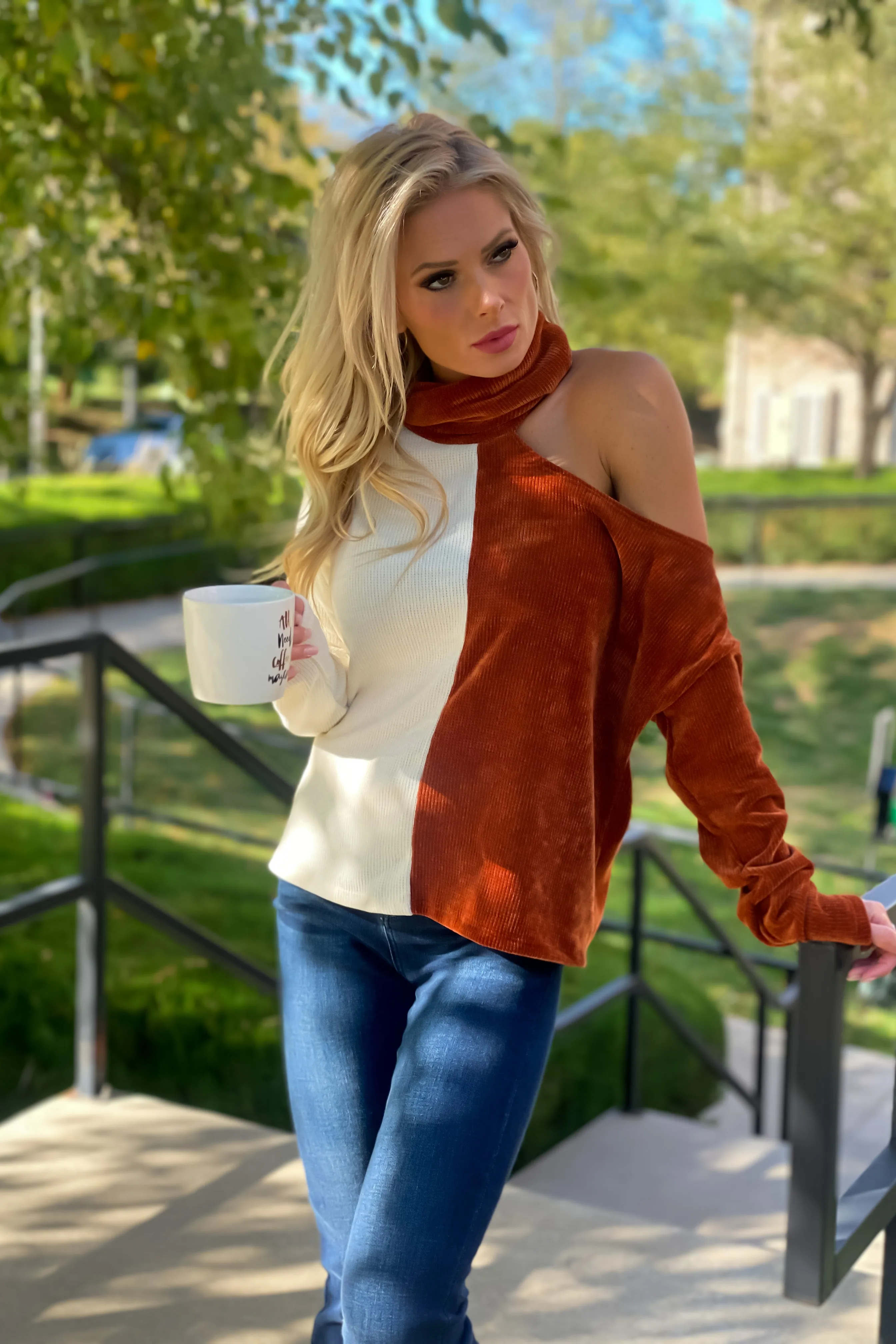 Subtle Glamour Chenille Color Block One Cold Shoulder Top : Rust/Ivory