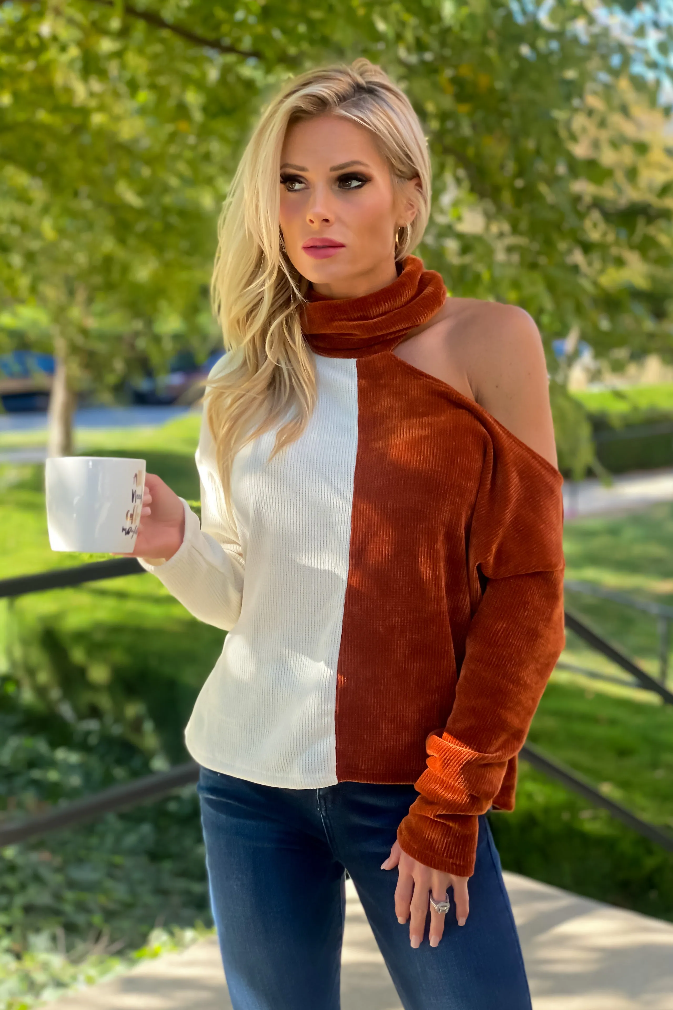 Subtle Glamour Chenille Color Block One Cold Shoulder Top : Rust/Ivory