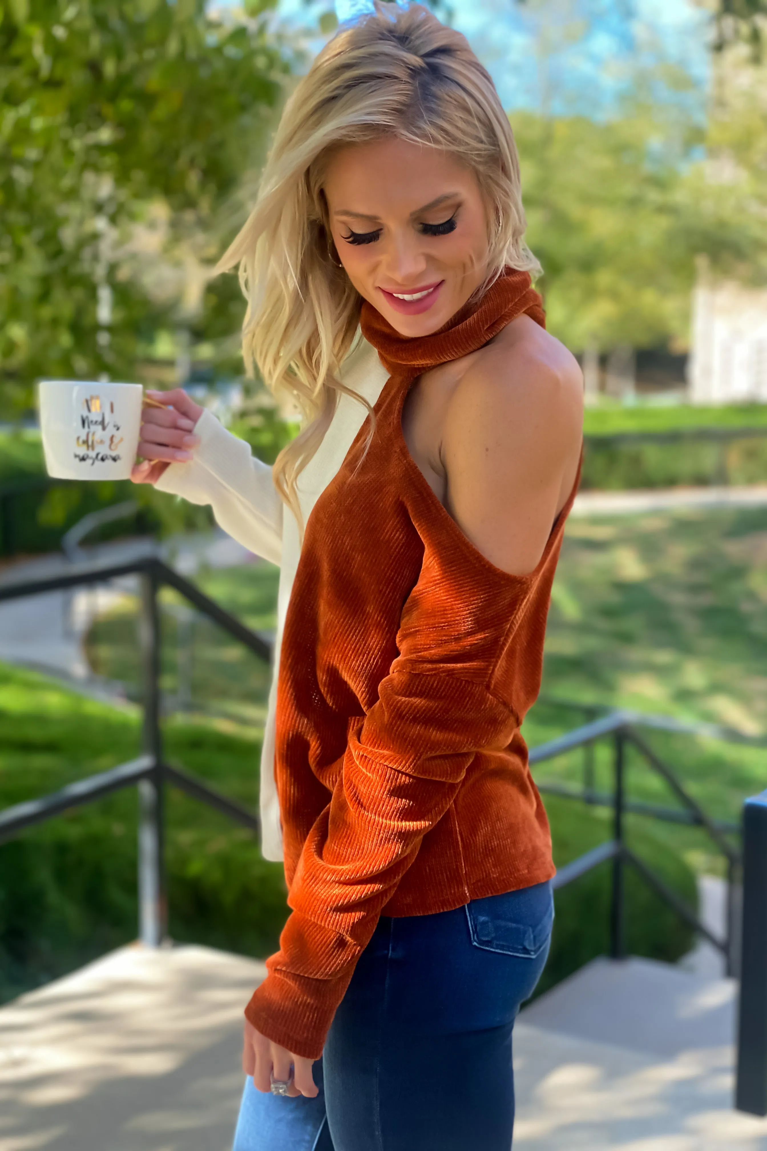 Subtle Glamour Chenille Color Block One Cold Shoulder Top : Rust/Ivory