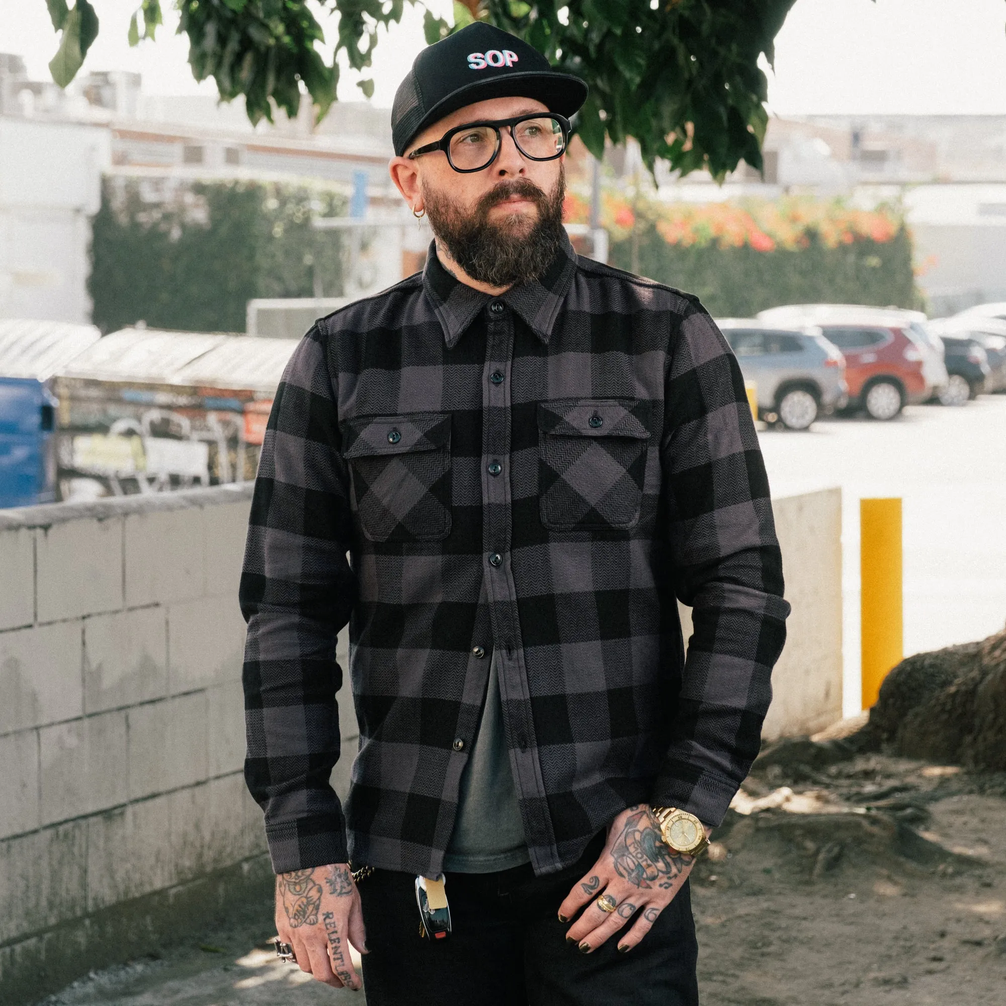 The Flat Head Block Check Flannel Work Shirt Gray/ Black