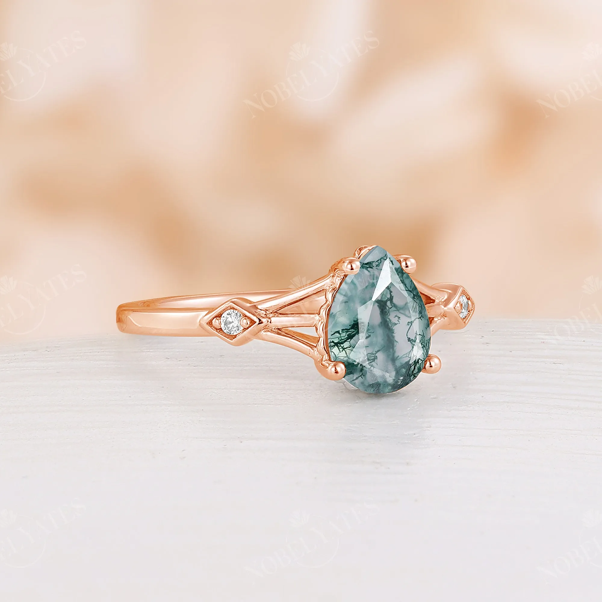 Unique Split Moss Agate Engagement Ring Rose Gold Band