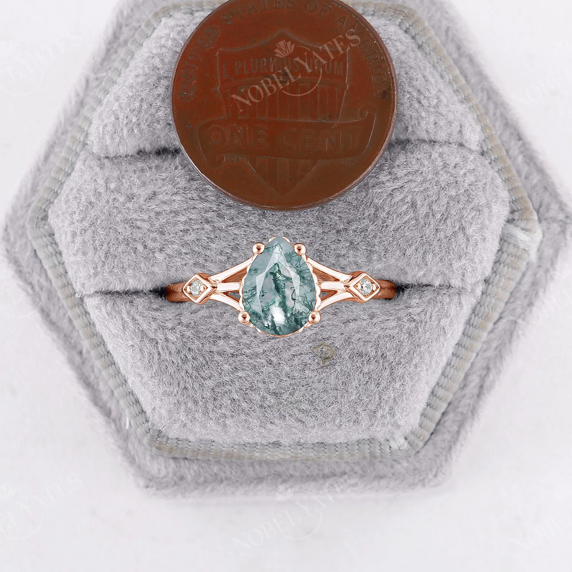 Unique Split Moss Agate Engagement Ring Rose Gold Band