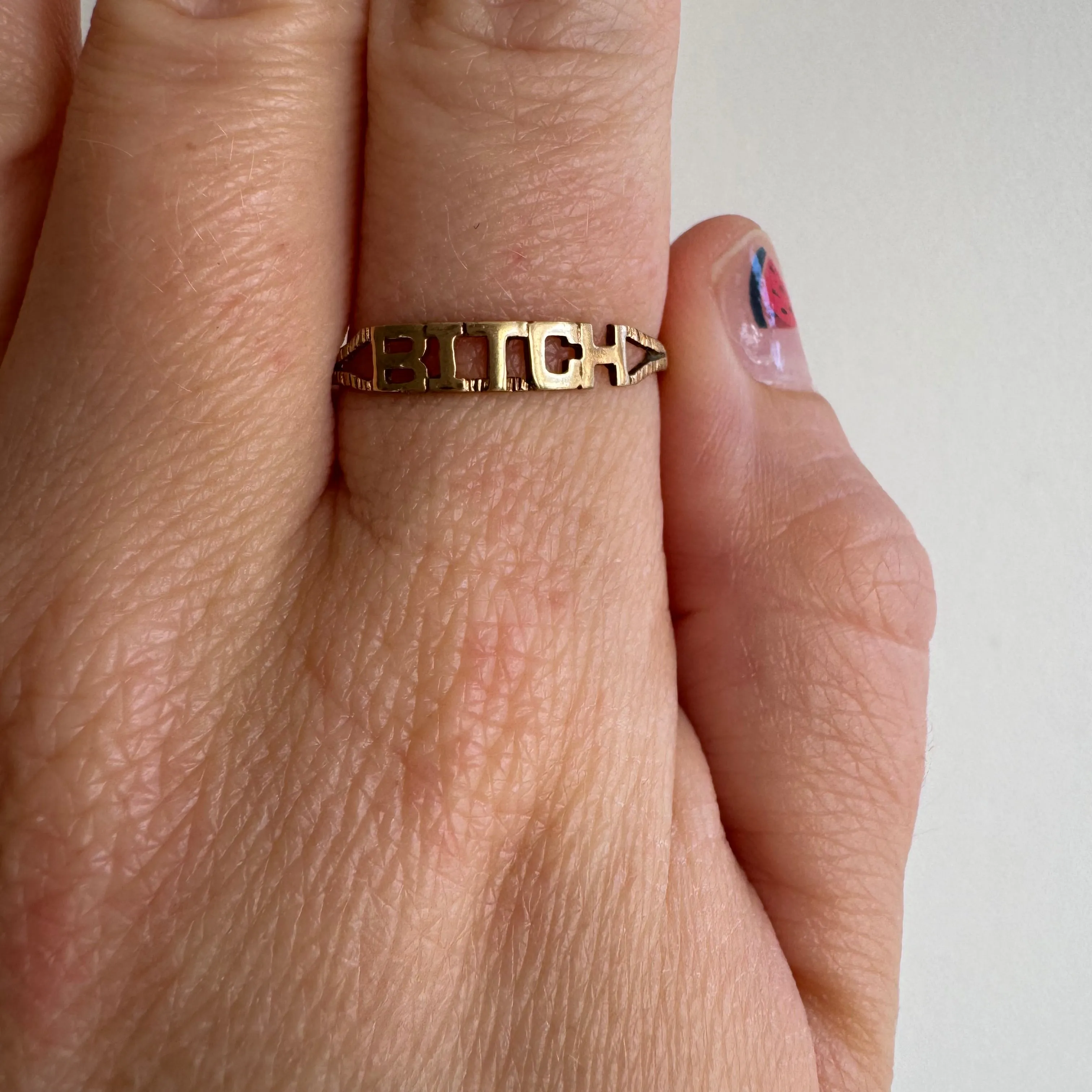 V I N T A G E // bitch, please / 9k yellow gold BITCH stacking ring / size 11