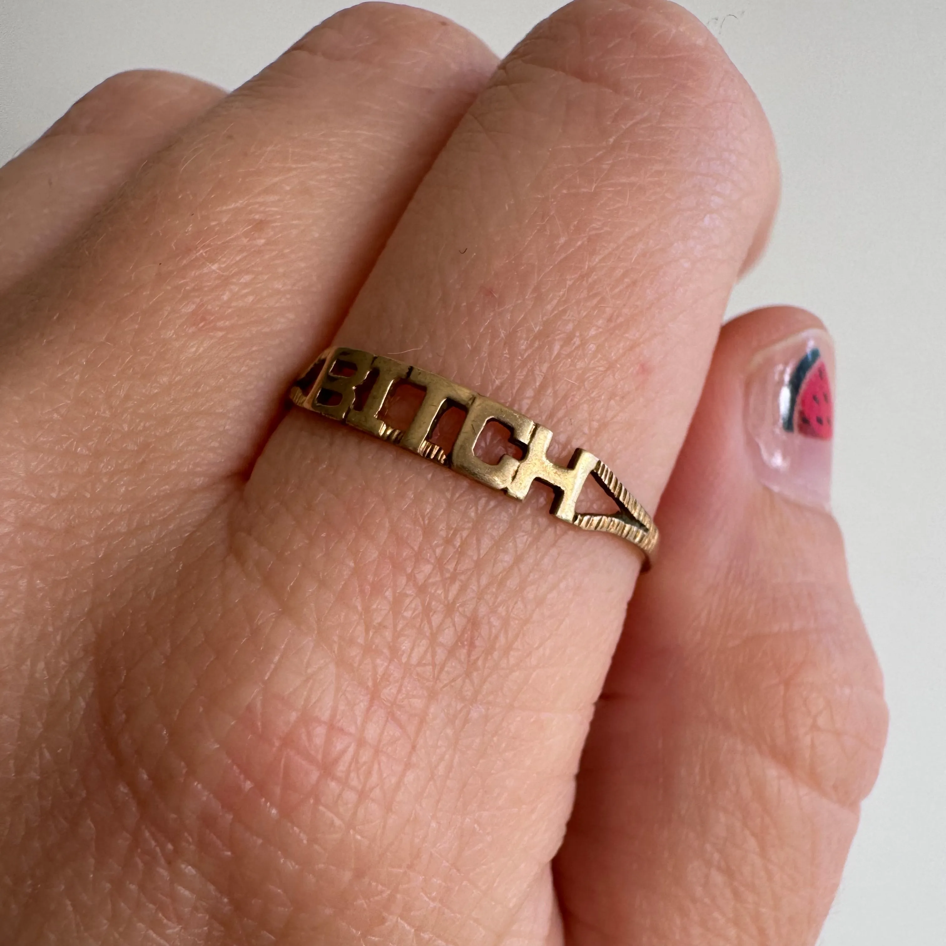 V I N T A G E // bitch, please / 9k yellow gold BITCH stacking ring / size 11