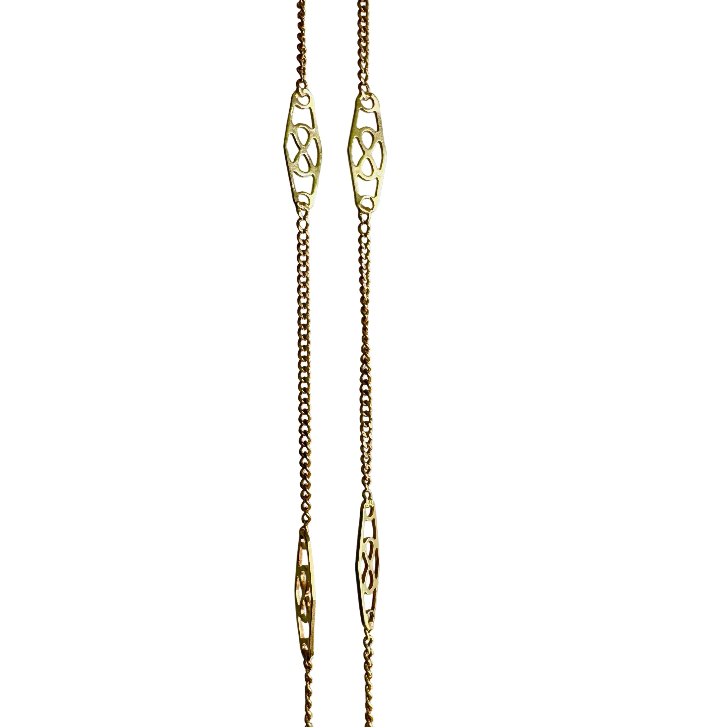 14k Yellow Gold Vintage Deco Infinity Filigree Necklace with Curb Station Chain - 19.5 Inches, 3g