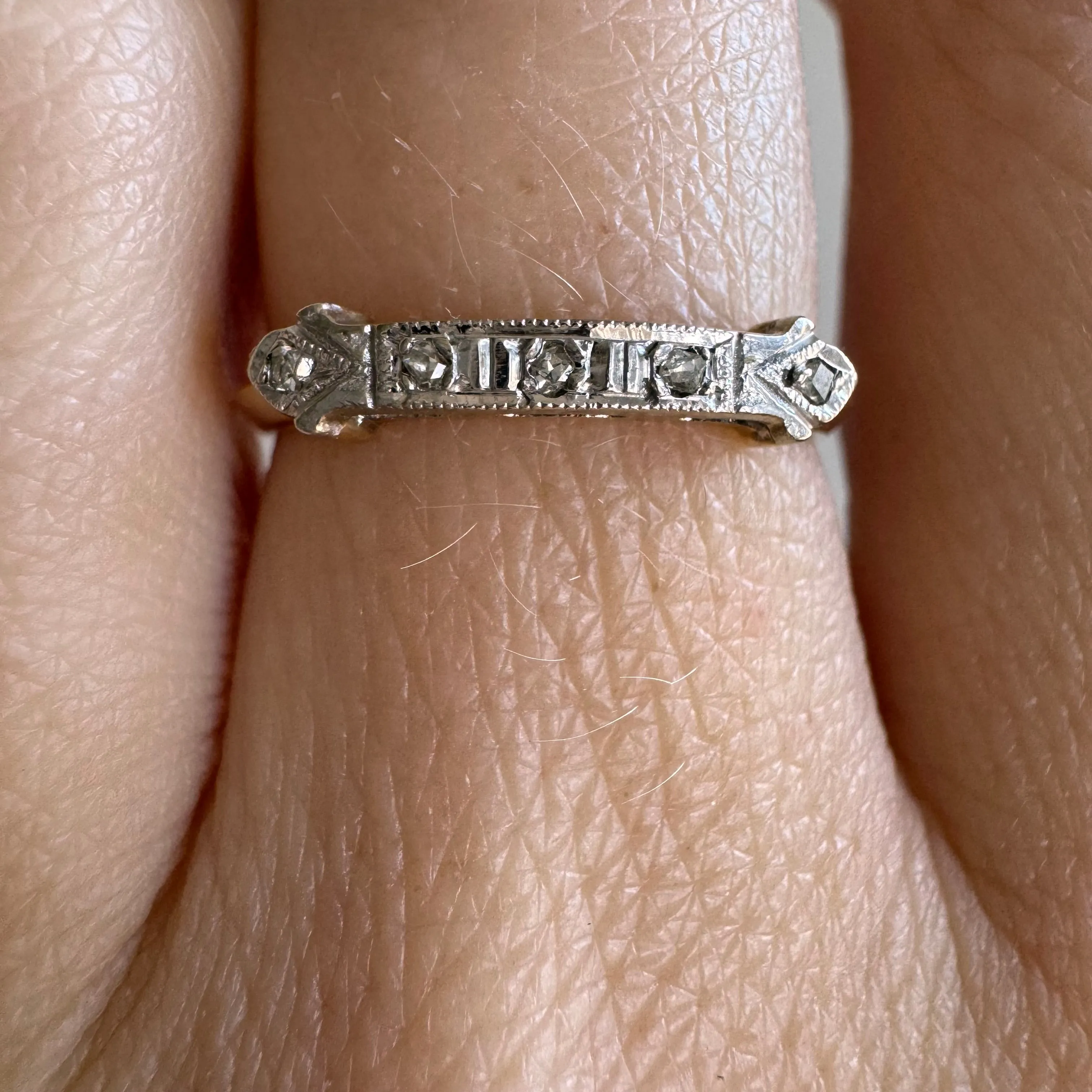 V I N T A G E // deco stacker / 14k yellow and white gold diamond half eternity band / size 5.5