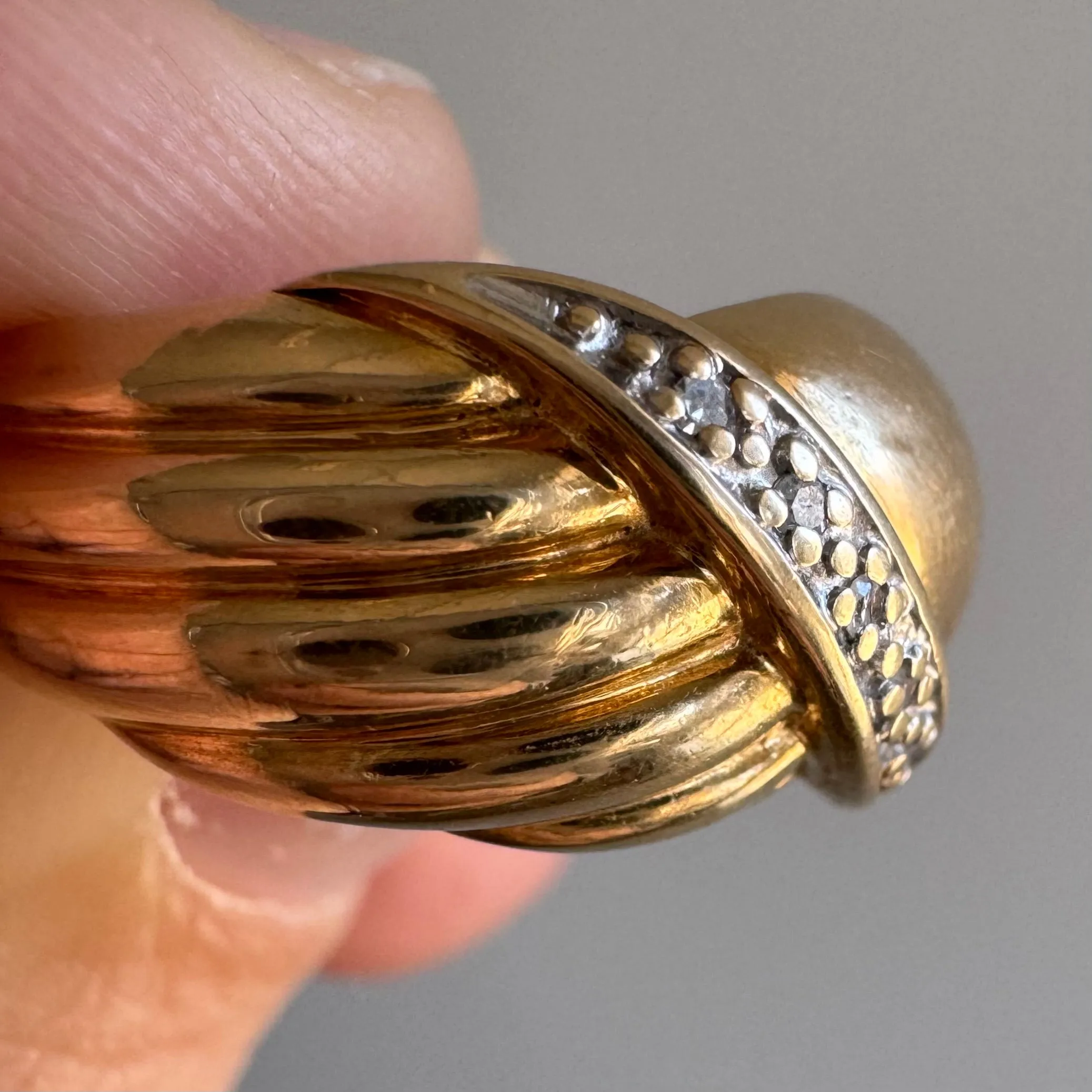 Vintage Size 6.25 Domed Ribbon-style 14K Diamond Stacking Ring