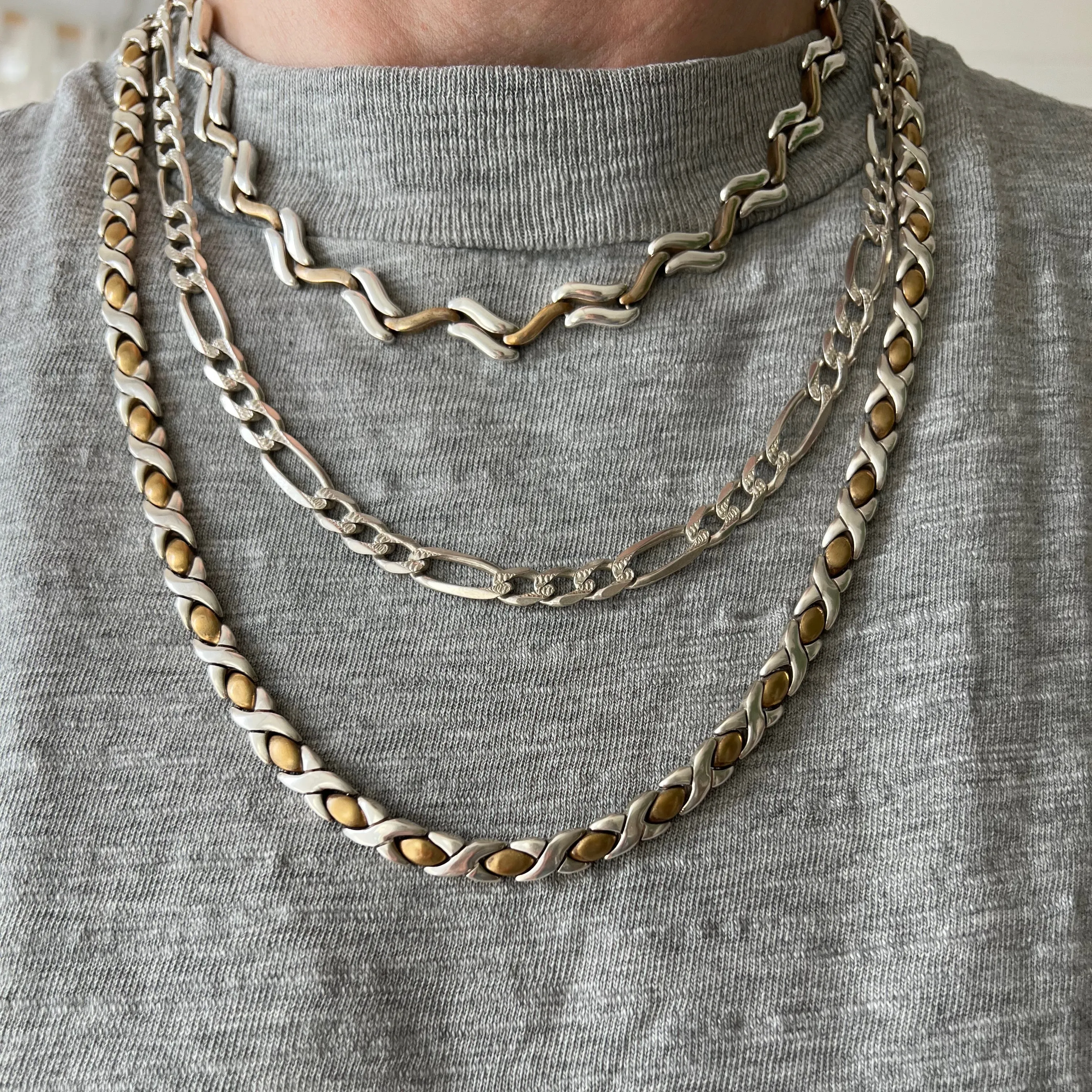 V I N T A G E // dynamic hugs and kisses / sterling silver and brass XO links / bracelet and necklace set / 16 and 7.25