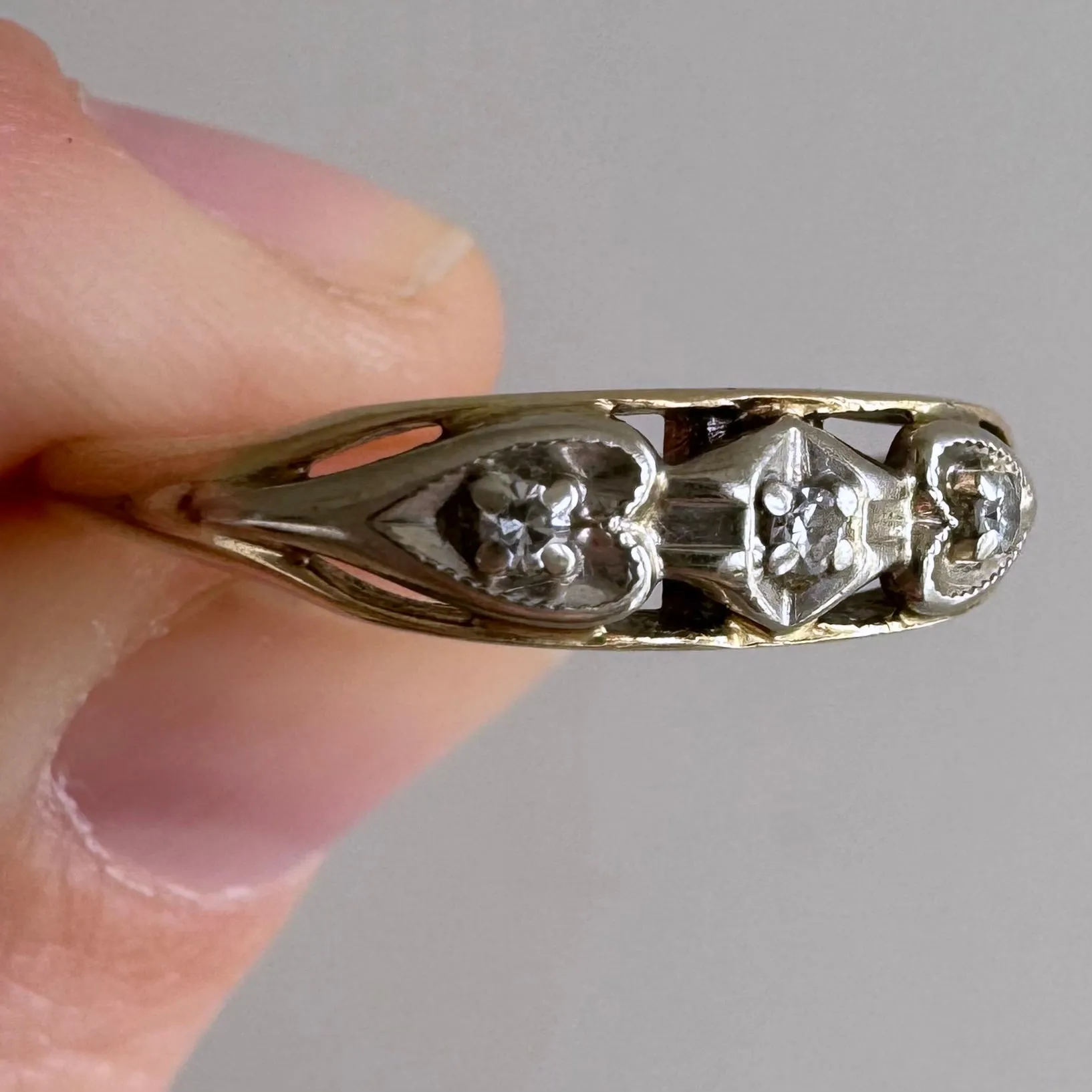 V I N T A G E // mid century romance / 14k bicolor heart band with diamonds / size 8.5