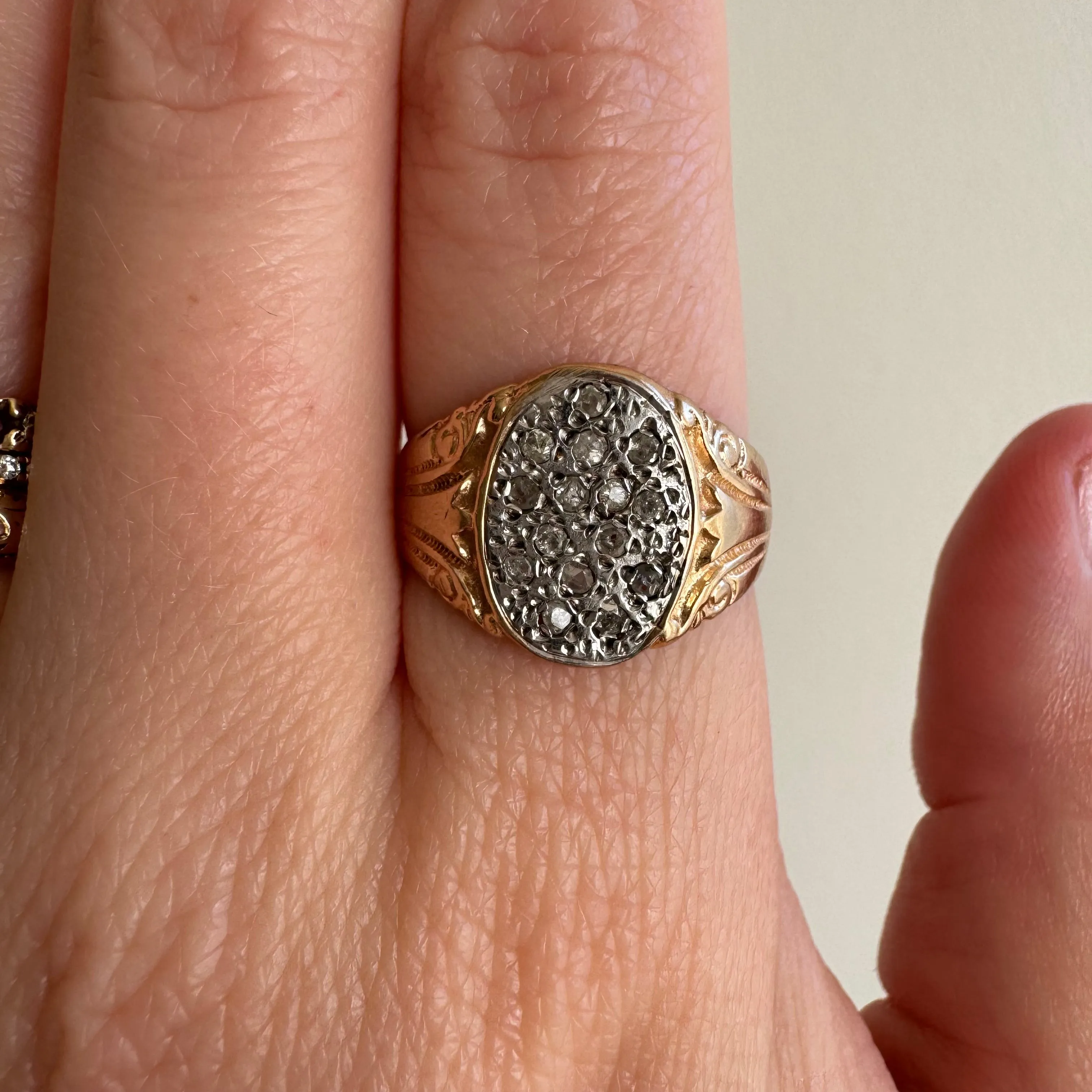 V I N T A G E // starry night / 14k and diamond Edwardian style diamond cluster signet / size 7.25