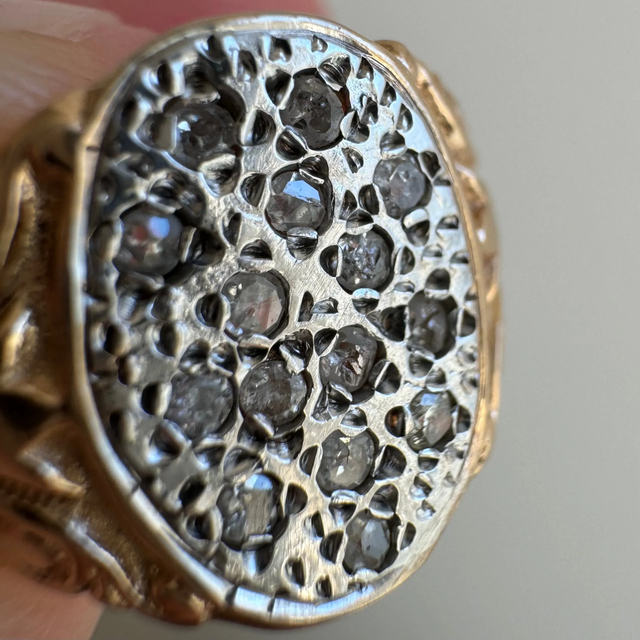 V I N T A G E // starry night / 14k and diamond Edwardian style diamond cluster signet / size 7.25