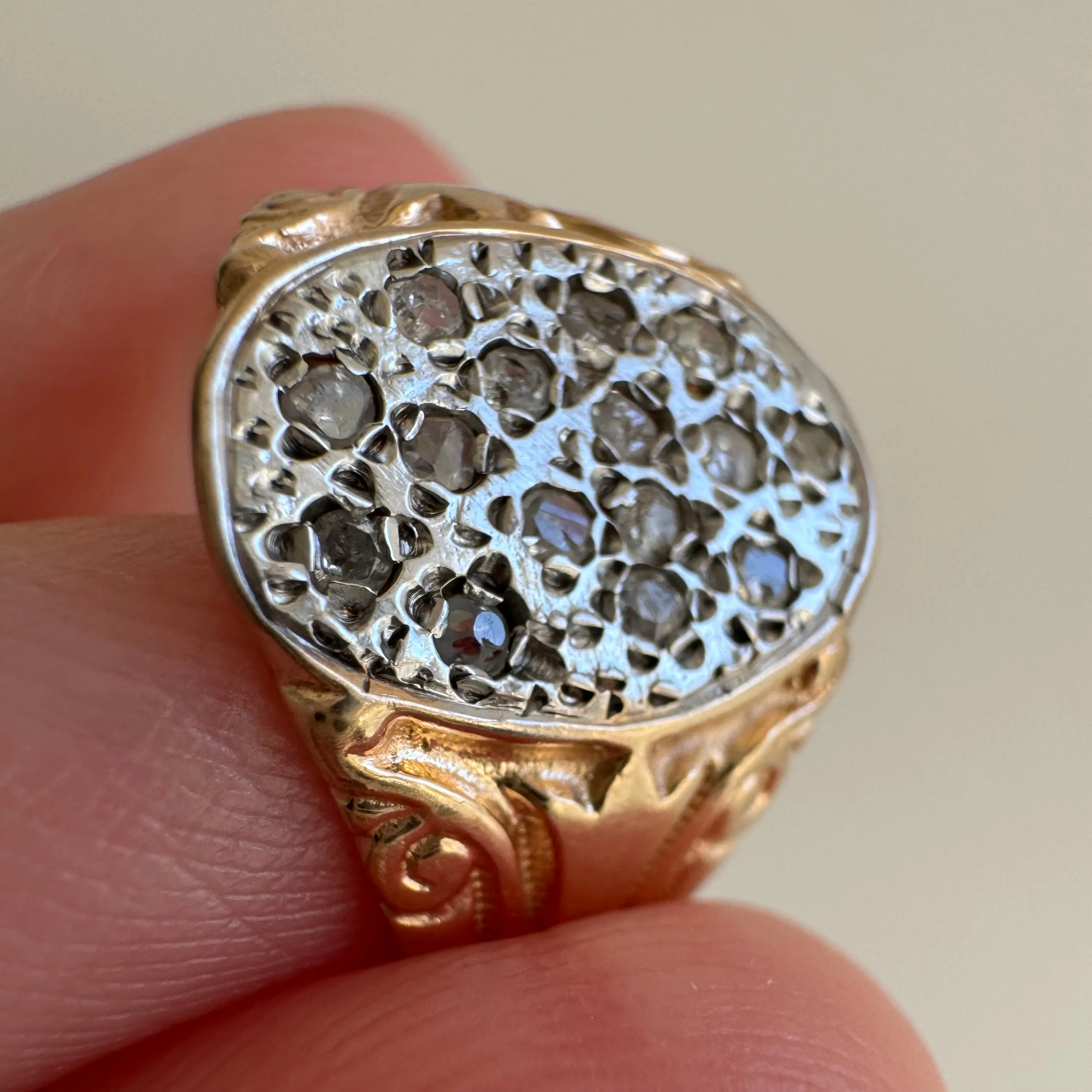 V I N T A G E // starry night / 14k and diamond Edwardian style diamond cluster signet / size 7.25