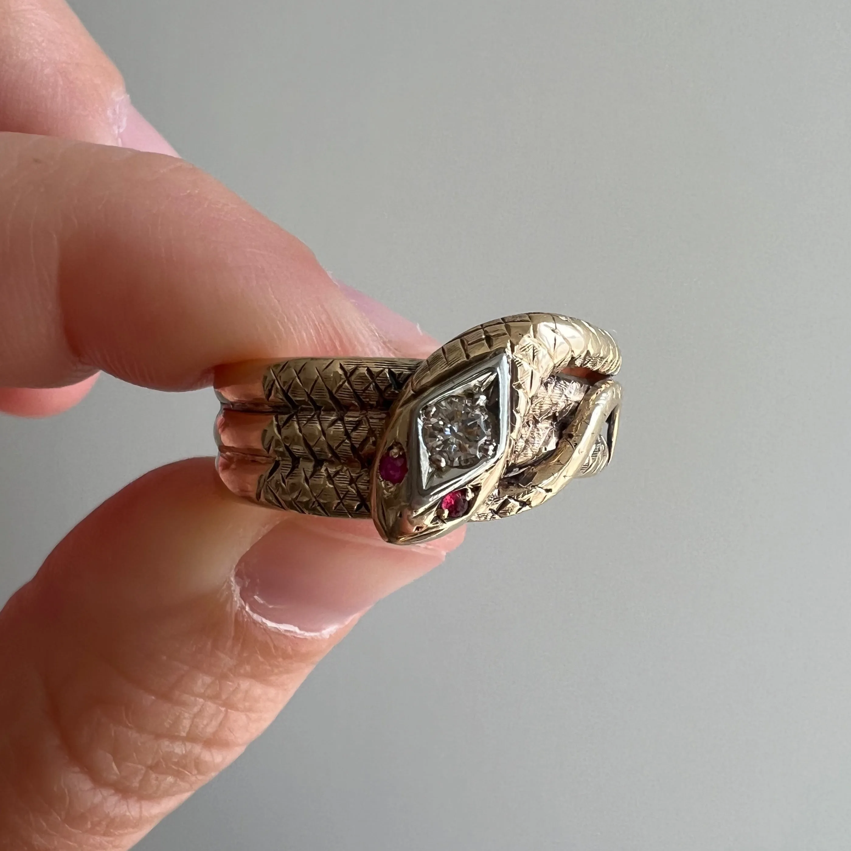 very V I N T A G E // third time around / 10k yellow gold with diamond and ruby snake ring / size 10.25-10.75