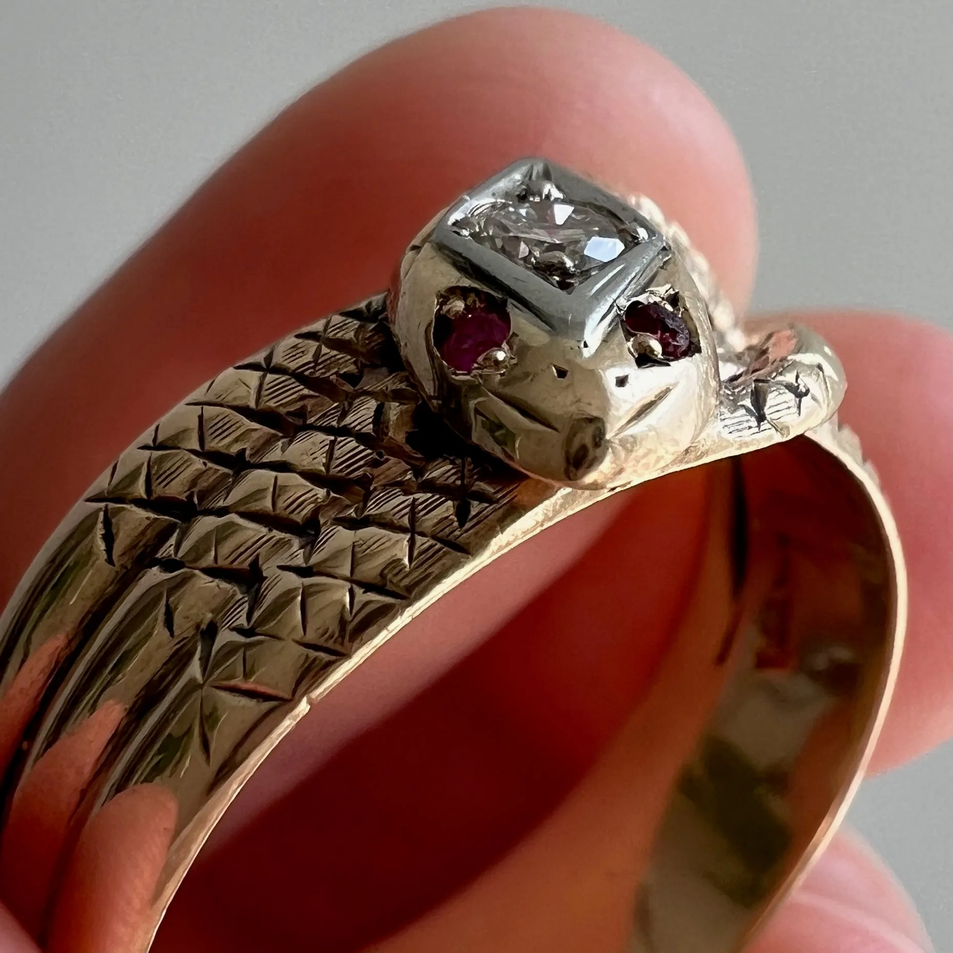 very V I N T A G E // third time around / 10k yellow gold with diamond and ruby snake ring / size 10.25-10.75