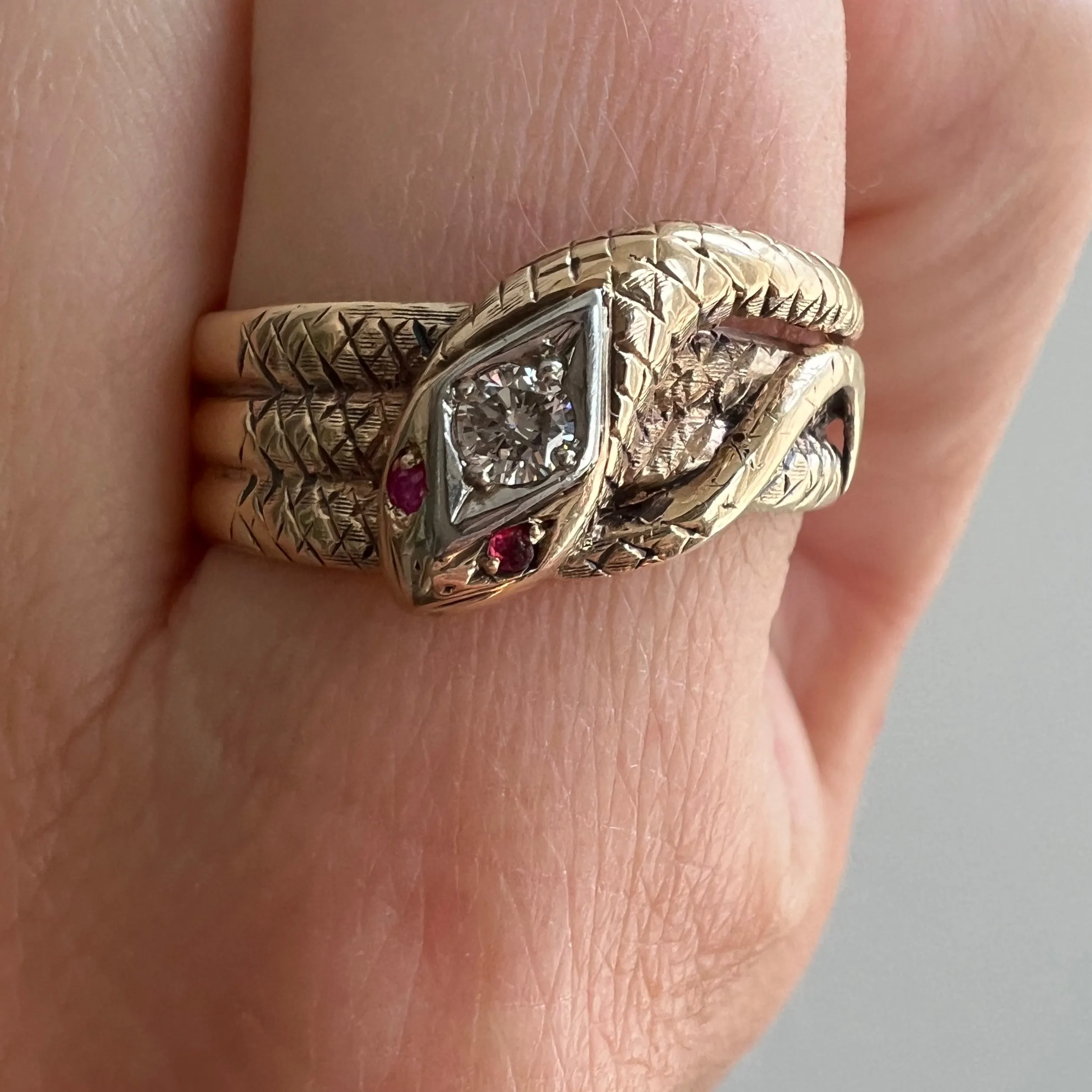 very V I N T A G E // third time around / 10k yellow gold with diamond and ruby snake ring / size 10.25-10.75