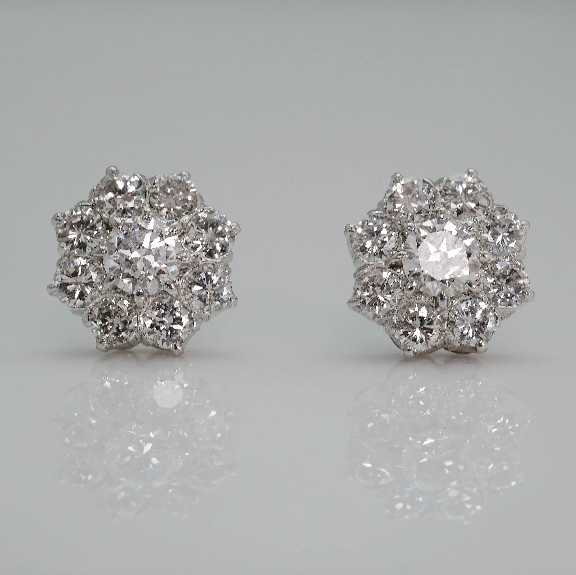 Vintage Diamond Cluster  Earrings  circa 1970s.