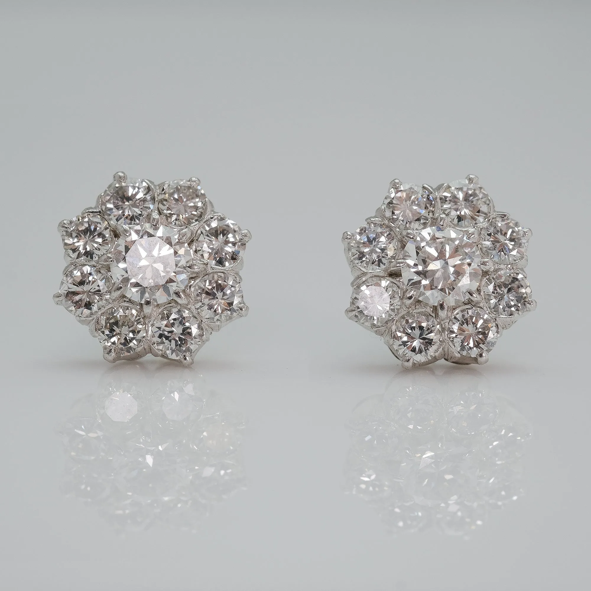 Vintage Diamond Cluster  Earrings  circa 1970s.