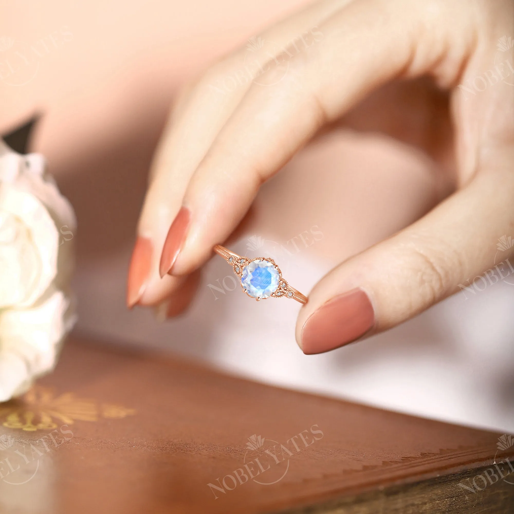 Vintage Round Cut Blue Moonstone Milgrain Leaf Engagement Ring