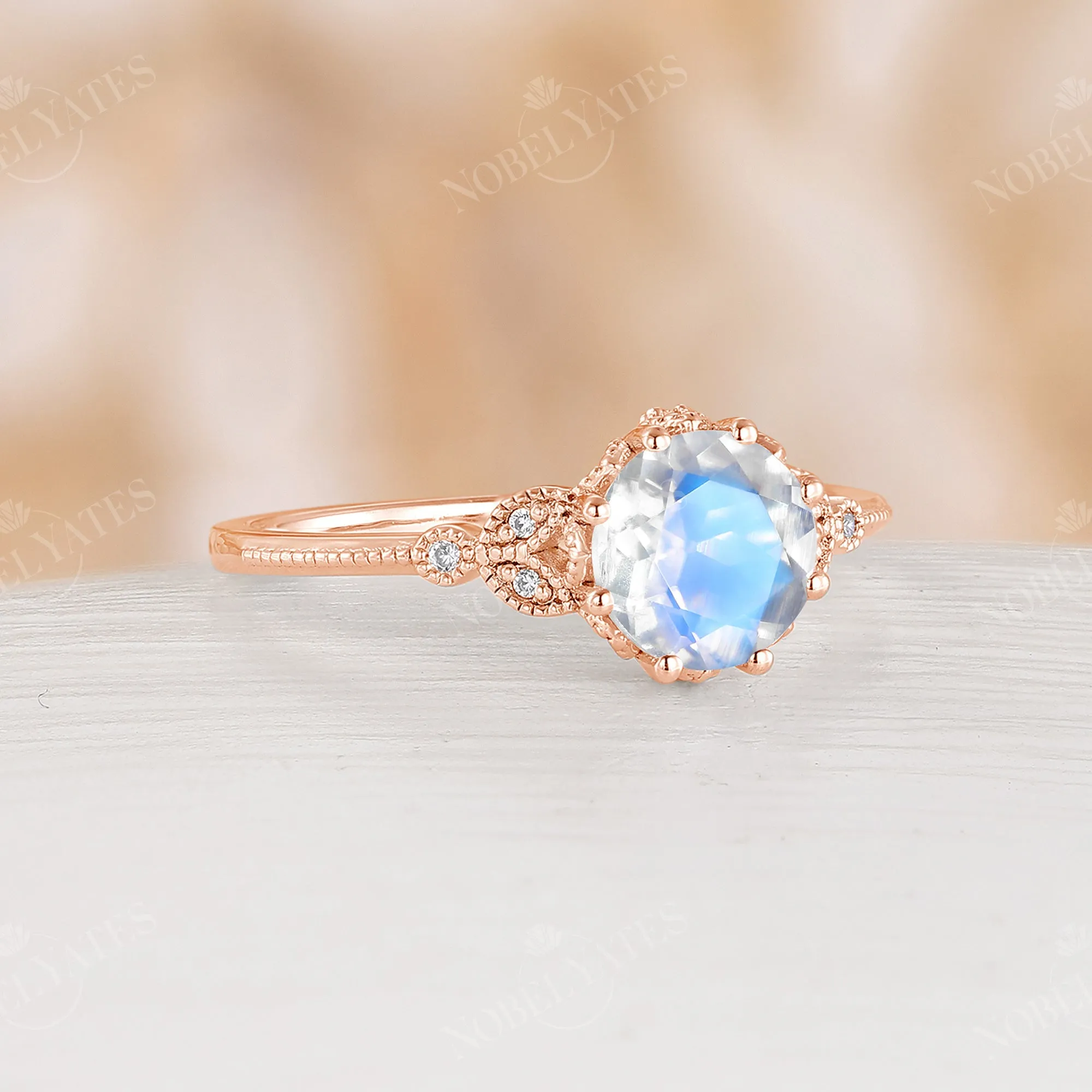 Vintage Round Cut Blue Moonstone Milgrain Leaf Engagement Ring