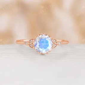 Vintage Round Cut Blue Moonstone Milgrain Leaf Engagement Ring