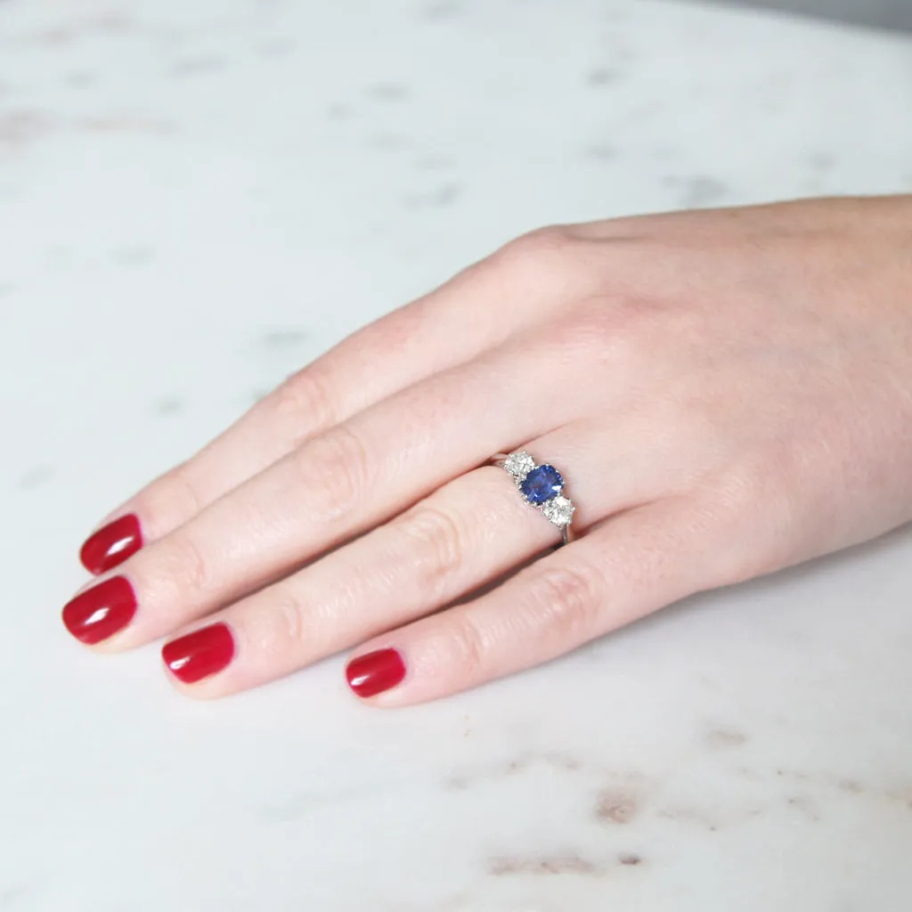 Vintage Style 1.14 Carat Sapphire and Diamond Three Stone