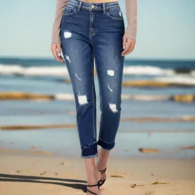 Zenana Cropped Distressed Dark Denim